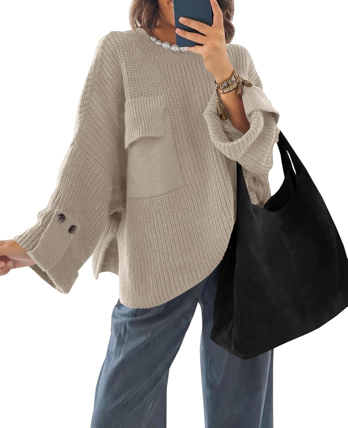 Saodimallsu Womens Oversized Sweaters Chunky Ribbed Knit Crew Neck Casual Long Sleeve Fall Winter Trendy Pullover Tops