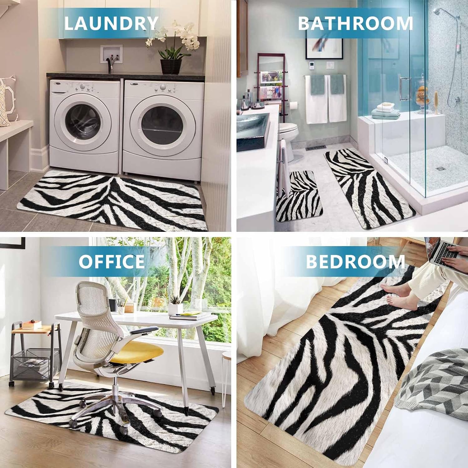 Zebras Stripes Kitchen Mat Set 2 Pieces Watercolor Abstract Black White Zebra Stripes Non Slip Kitchen Rugs Washable Runner Rug Mats for Kitchen Sink Laundry Office (23.6" x 35.4"+23.6" x 70.9")