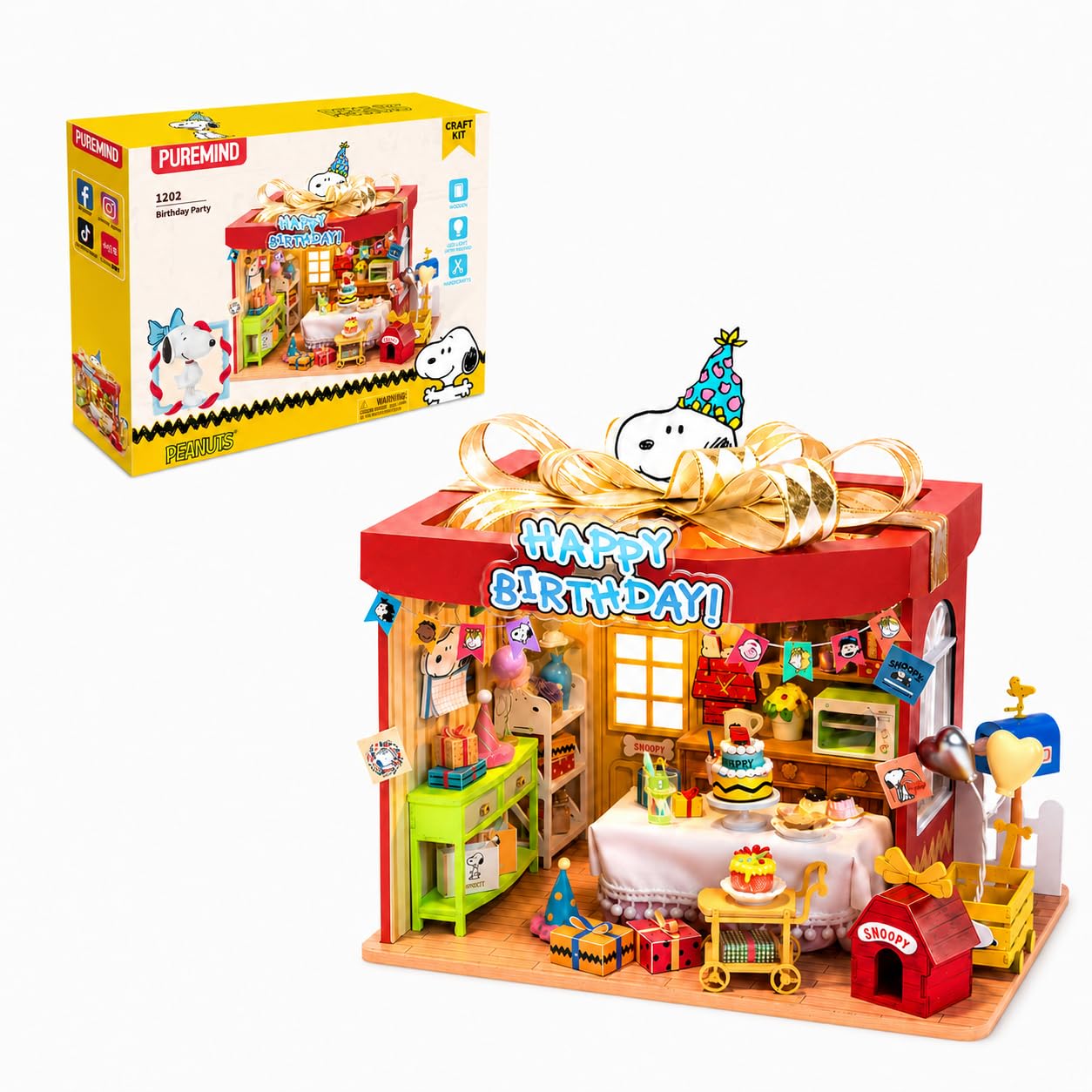 PUREMIND Snoopy PEANUTS Drewniane Puzzle 3D, Domek Urodzinowy | Oficjalna licencja, figurka w zestawie, tort i balony, forma pudełka prezentowego, do składania, dekoracja i kolekcja