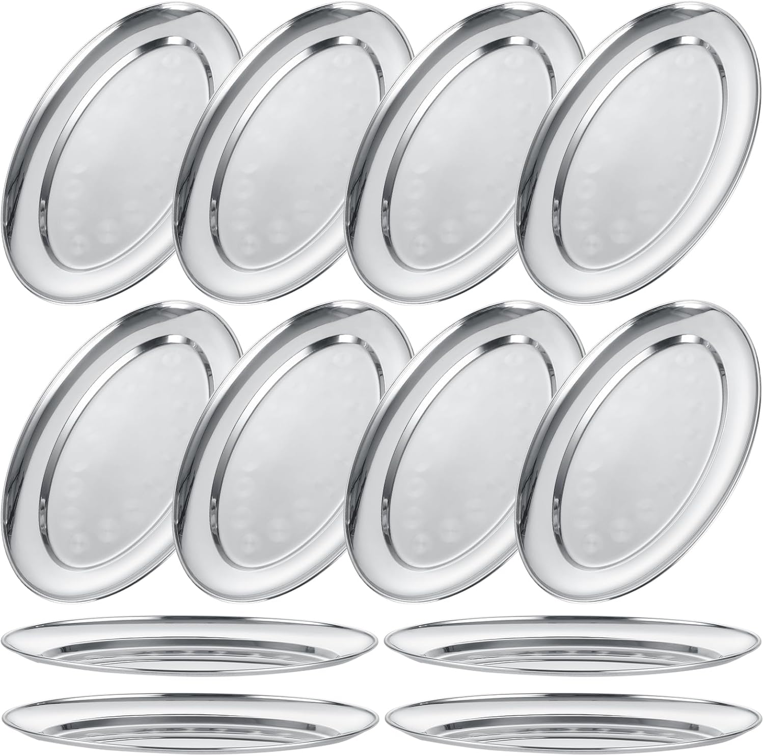 AKOLAFE 12PCS Sizzle Platter for Serving Food Small Serving Trays for Party Buffet Oval Serving Platter Set Silver Tray Decorative Metal Trays Stainless Steel Tray Long Sizzler Plates for Sushi Snack