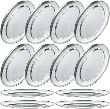 12PCS Sizzle Platter for Serving Food Small Serving Trays for Party Buffet Oval Serving Platter Set Silver Tray Decorative Metal Trays Stainless Steel Tray Long Sizzler Plates for Sushi Snack