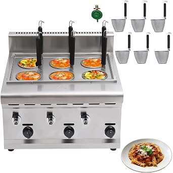 6 Holes Pasta Cooker, Commercial Noodle Boiler W/6 Number 1L mesh Filters, 3 Gas Knobs 6.6ft Hose 4 Support Feet Stainless Steel Lpg Gas Machine for Dumplings Malatang for Home Kitchen