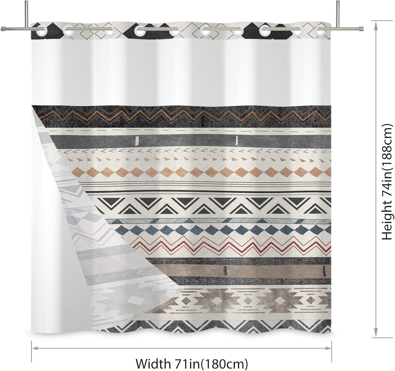 Beige Bohemian No Hook Shower Curtain,Boho Stripe Double-Layered Shower Curtain with Snap-in Liner and Weights,National Style Fabric Bath Curtain with See Through Mesh, 71x74in