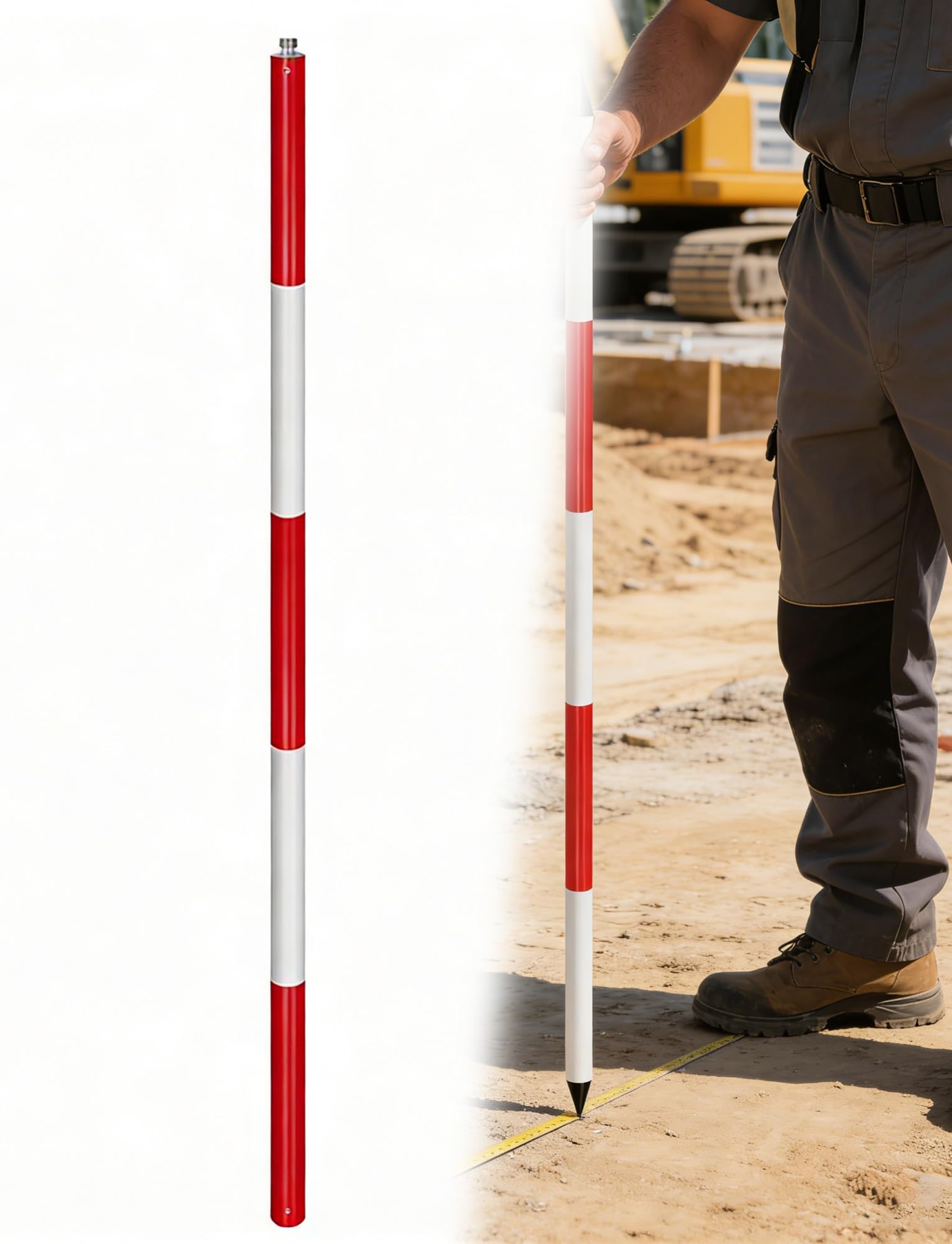 Vara de medición de precisión desmontable de aluminio para levantamientos topográficos, marcado de obras y mediciones de ingeniería. Incluye punta afilada para una penetración precisa en el terreno.