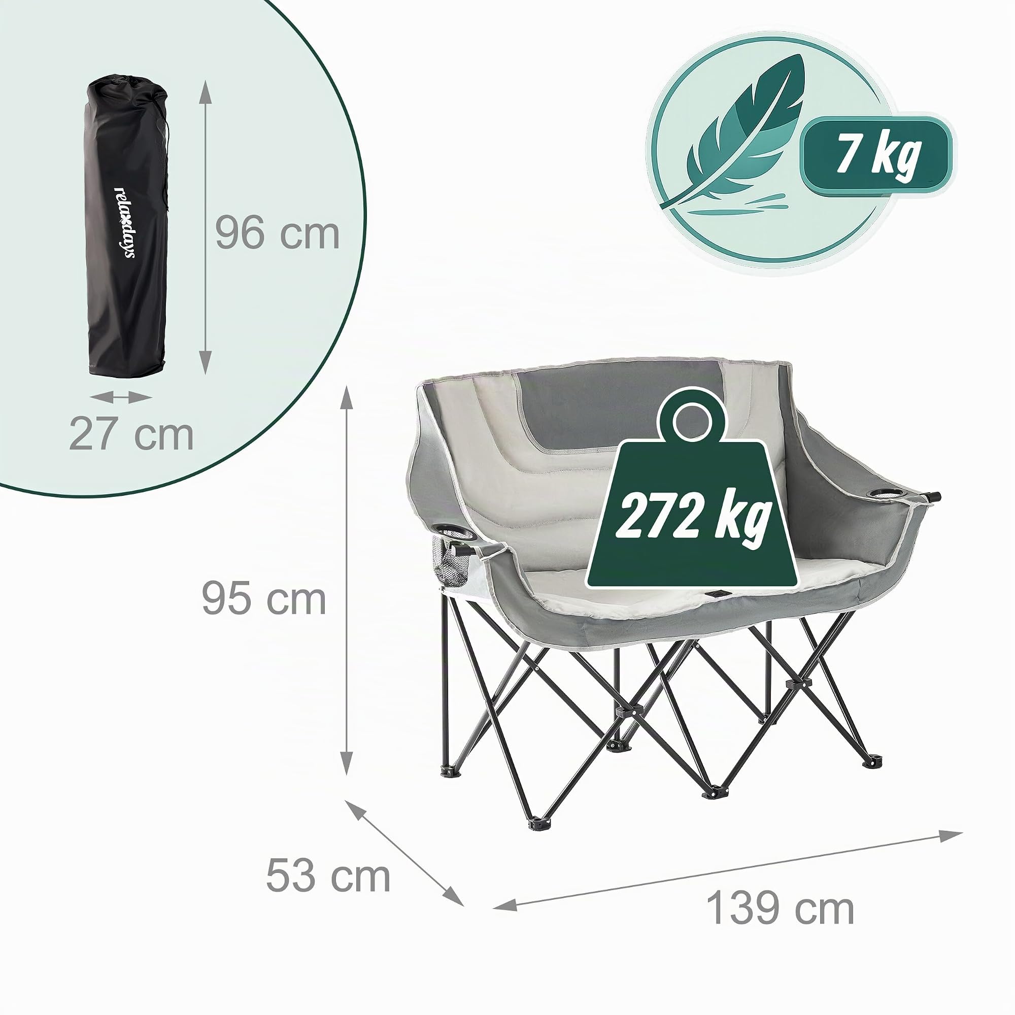 Relaxdays Chaise de Camping Double Pliable, Sac de Transport, Porte-gobelets, 272 kg, Polyester et métal, Gris