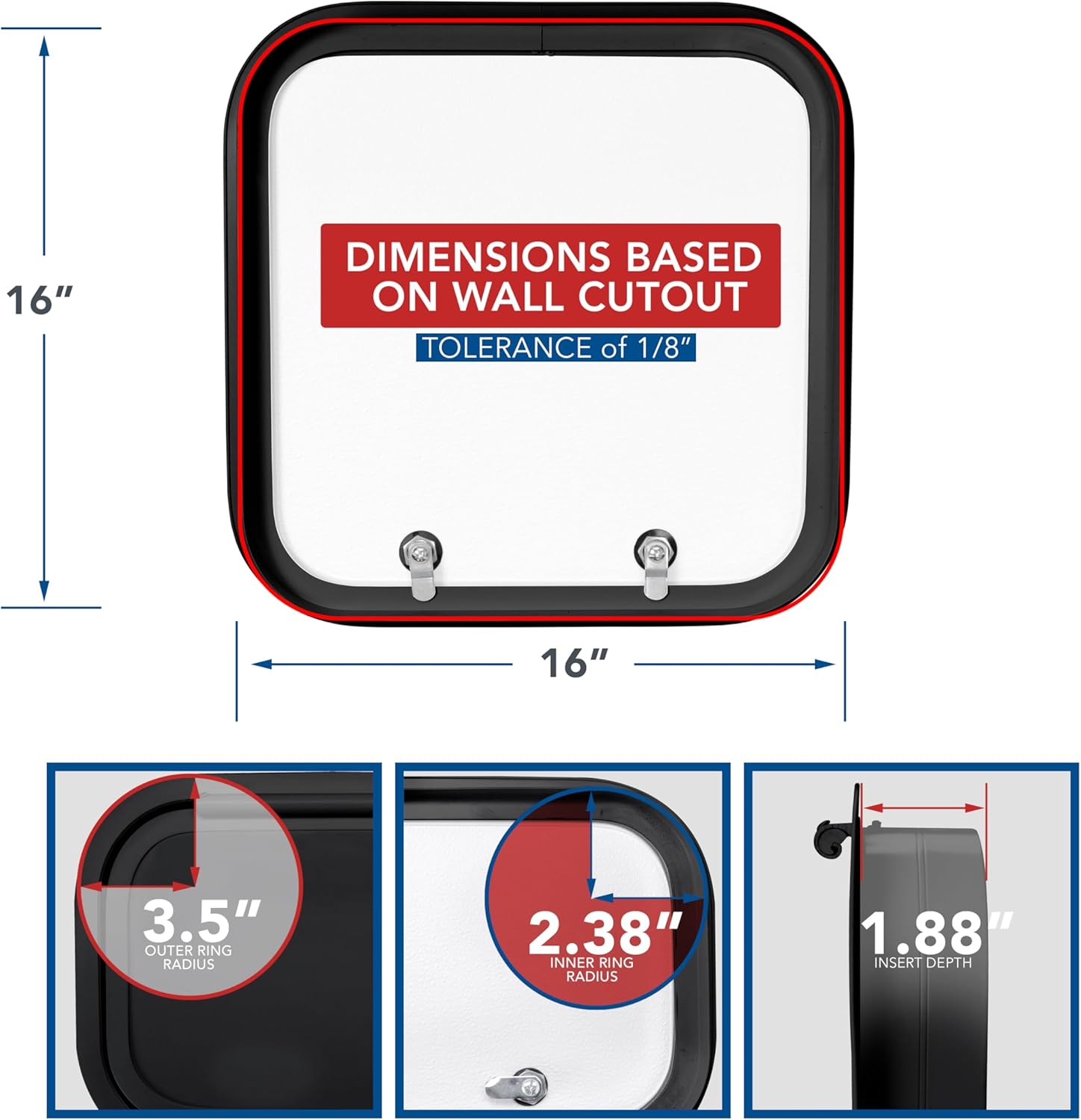 RV Baggage Door 16" Wide X 16" High with Rounded Corners and Thumblocks for RV's- Compartment Access Storage Doors with Top Hinge- Camper Trailer Motor Home- Black