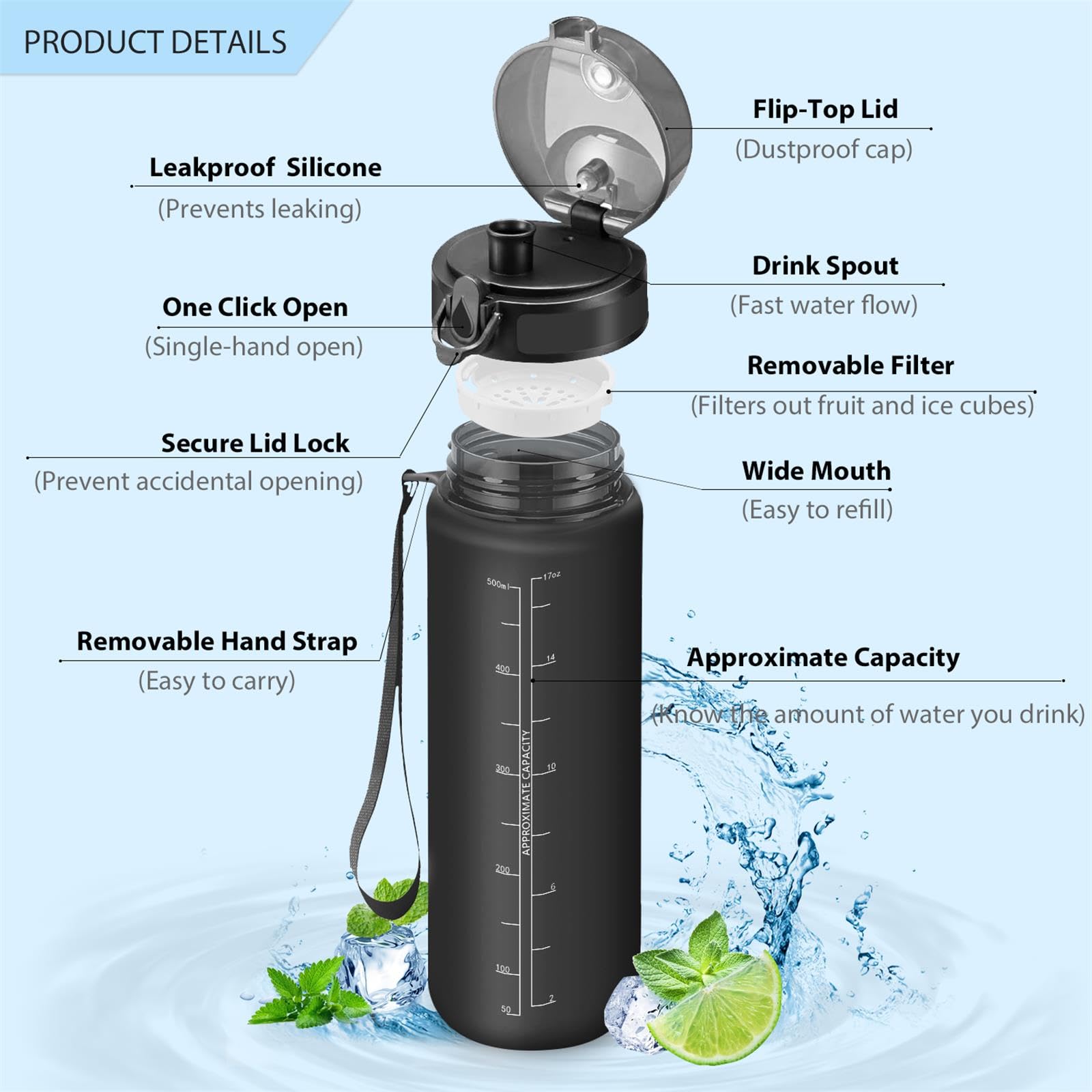 Borraccia Motivazionale Da 1,5 Litri HoneyHolly - Con Filtro E Scala Temporale - Foto 5