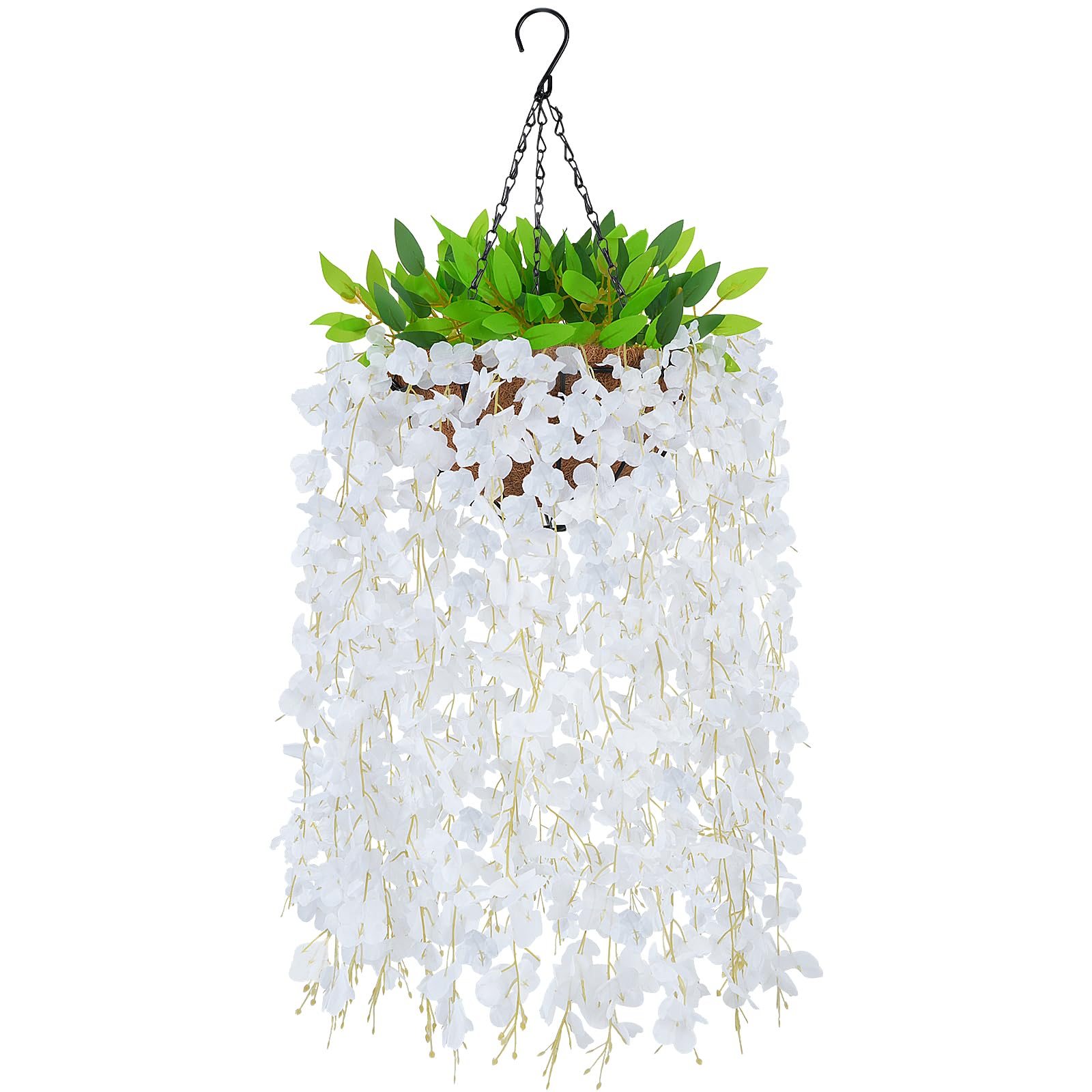 Fairblo Artificial Wisteria Flowers Hanging Basket Faux Hanging Baskets Outdoor White Fake Flowers Hanging Plants Silk Spring Flowers for Garden Porch Balcony Garden Home Decoration