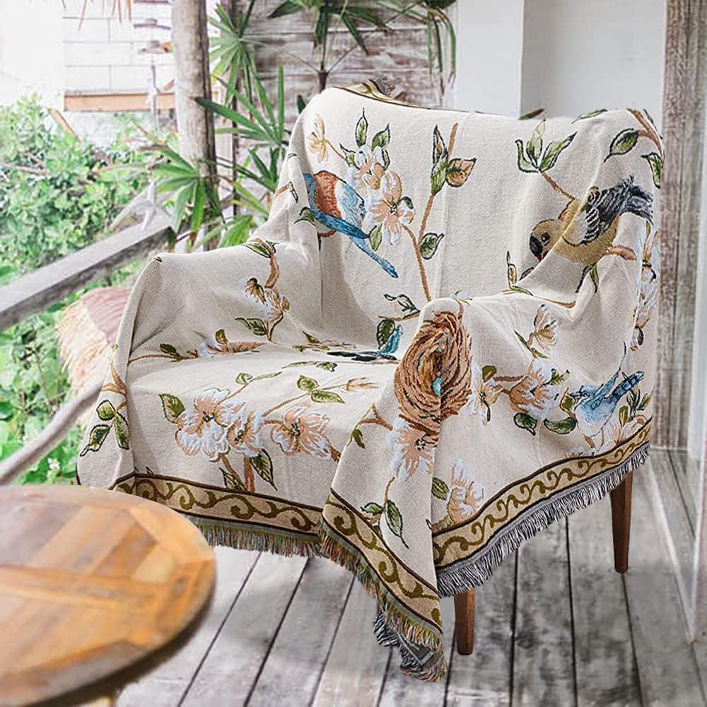 Boho Throw Blankets Reversible Woven Blankets Cover Hippie for Couch Bed Recliner Sofa Bohemian Tapestry Colorful Furniture Protector Cover for Home Décor, American Flower Birds, Double Side, 50"x70"