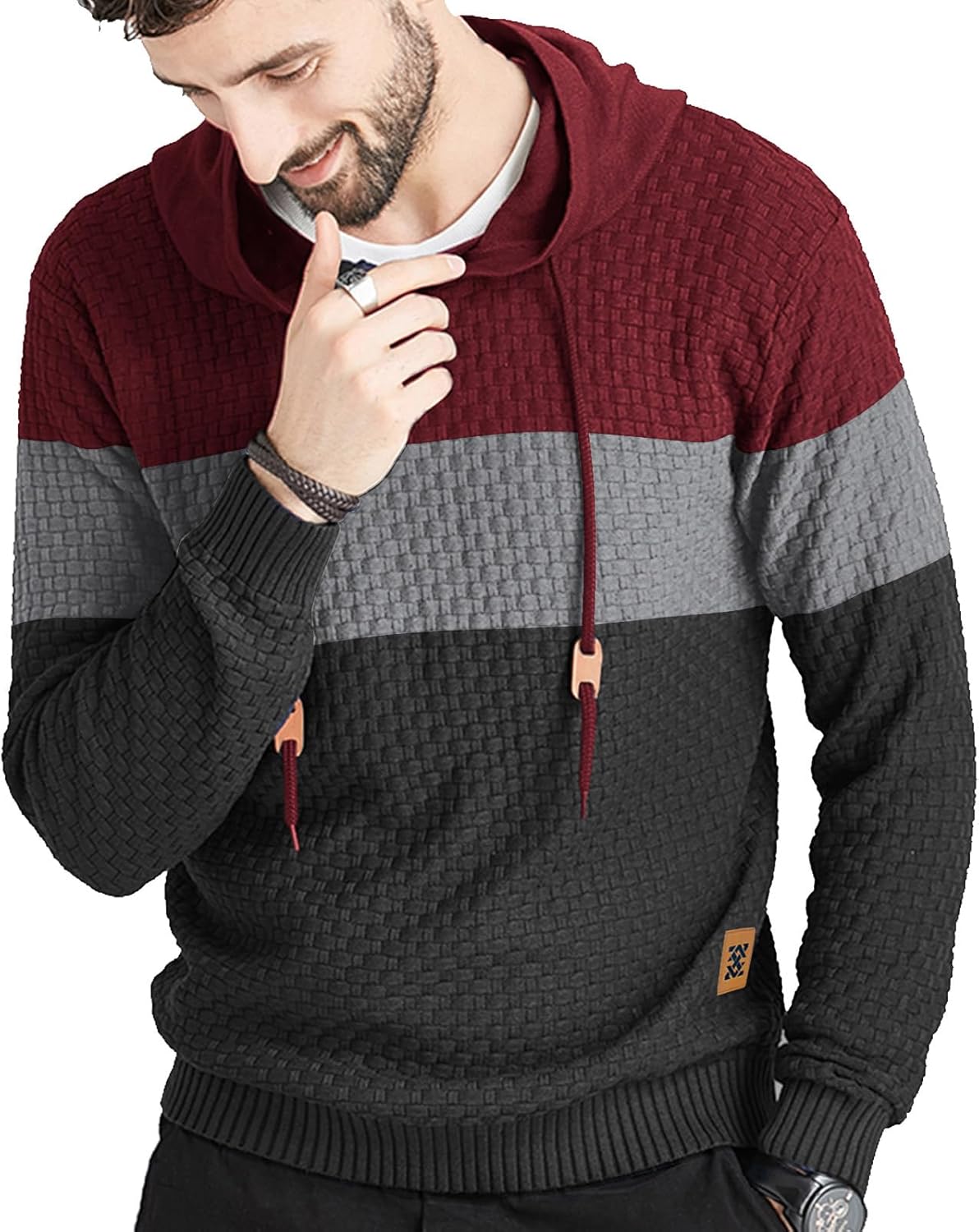 Zaitun Mens Hooded Sweatshirt Long Sleeve Solid Knitted Hoodie Pullover Sweater - Image 2