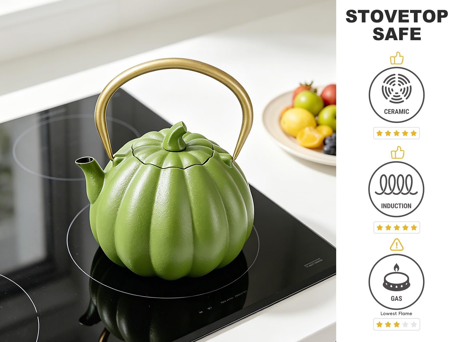 VICSKY Tetera de hierro fundido de calabaza (40 onzas/1200 ml), bonita forma de calabaza natural, tetera de hierro fundido con revestimiento esmaltado para hojas de té sueltas, apta para estufa (verde