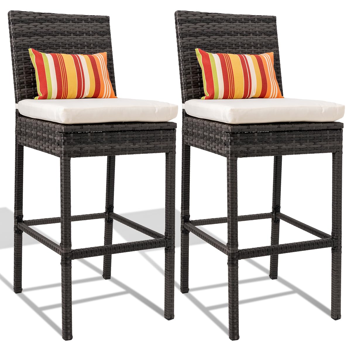 Sundale Outdoor Wicker Bar Stool Set of 2, 30 Inch Seat Height Patio Counter Height Stool with Back Rest, Rattan Woven Tall Chair with Pillow & Beige