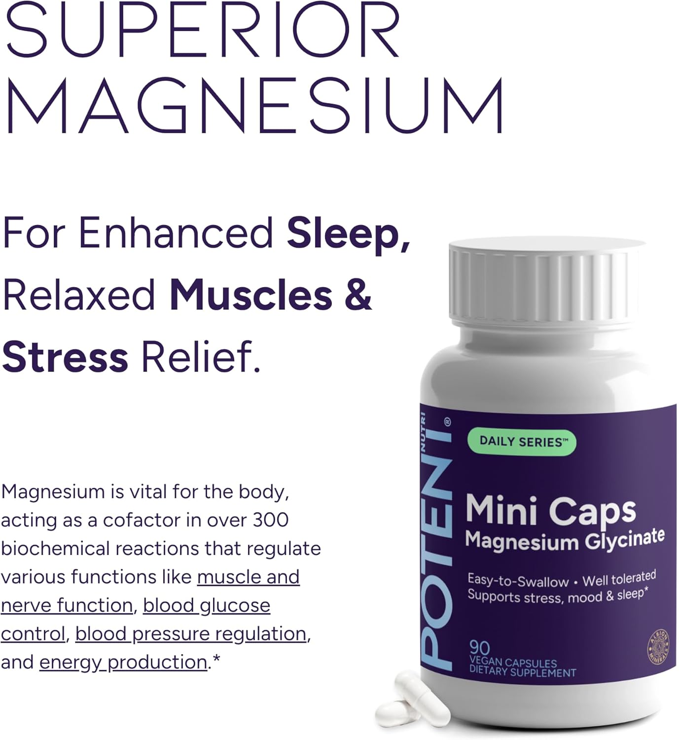 Magnesium Glycinate Small Capsules – Easy-to-Swallow Small Pills | TRAACS® Chelated Magnesium Bisglycinate | High Absorption for Sleep, Muscle & Heart Support – 90 Mini Caps