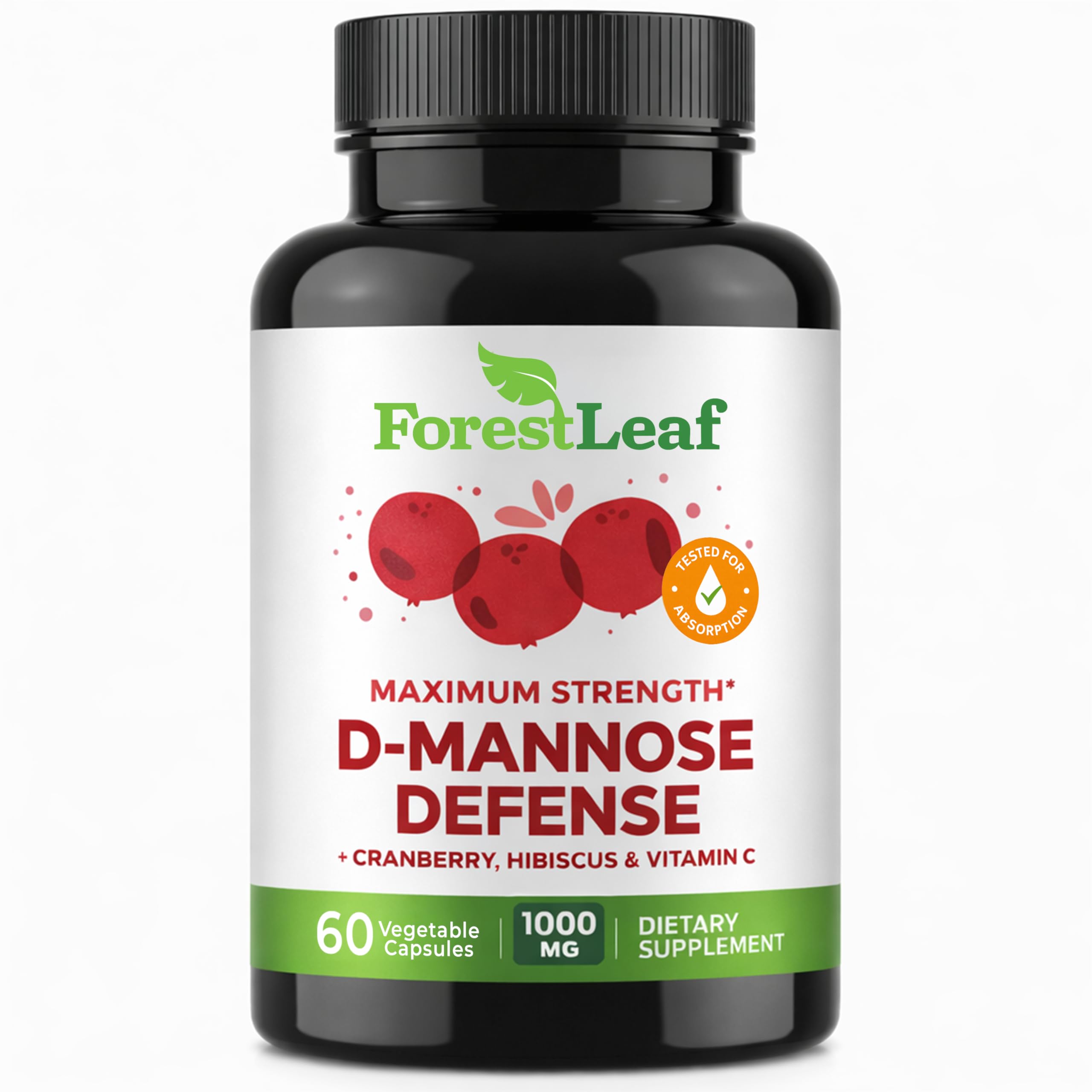 ForestLeaf D Mannose 1000mg Capsules - D-Mannose with Cranberry, Hibiscus & VIT C, Urinary Tract Health for Women and Men, Organic DMannose Pills for UTI, Urinary Health & Bladder Support 60 Capsules