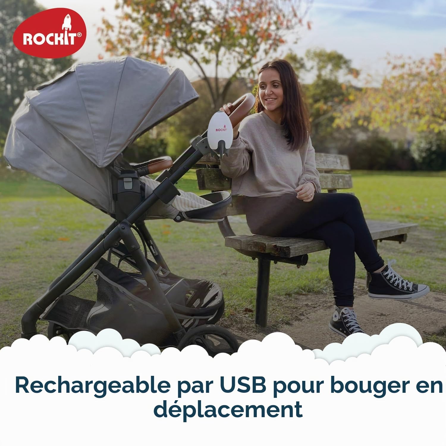Rockit Rocker rechargeable avec deux supports – Aide au sommeil pour bébé qui berce doucement n'importe quelle poussette ou landau, vitesse réglable avec minuterie de 60 minutes – S'adapte à toutes