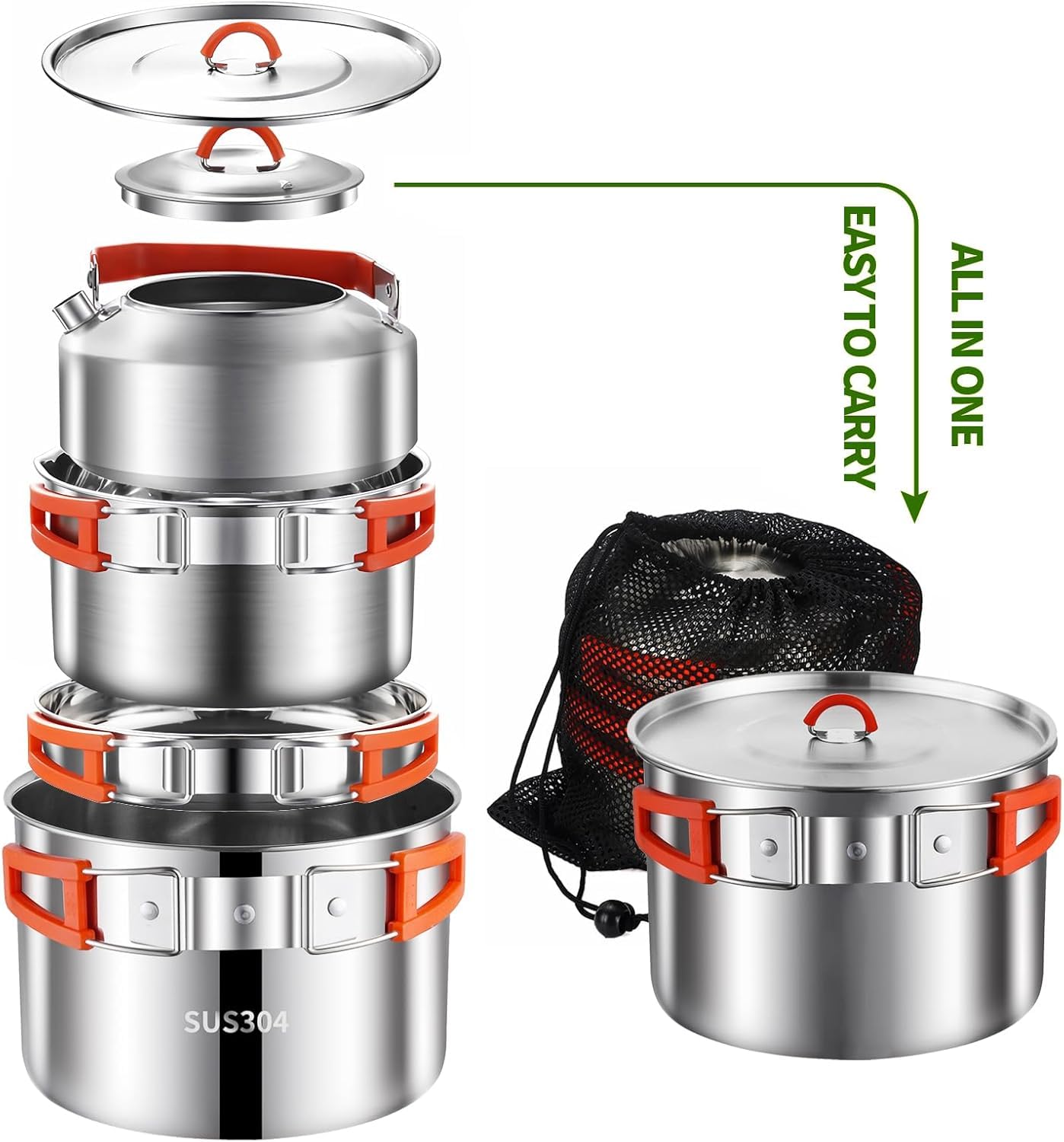 Camping Kochgeschirr Set,Camping Koch Set,304 Edelstahl Campingtöpfe und Pfannen Set,Campinggeräte für Wandern Outdoor Kochen Picknicks für 2-4 Personen