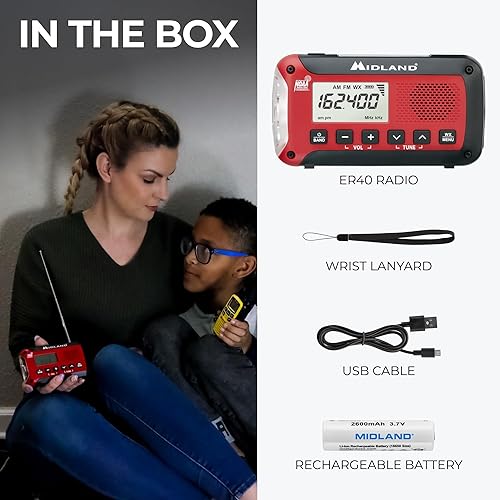 Miniatura 26 de Midland ER210 - Radio AM/FM compacta de emergencia con manivela, múltiples fuentes de alimentación que funciona como linterna de emergencia SOS