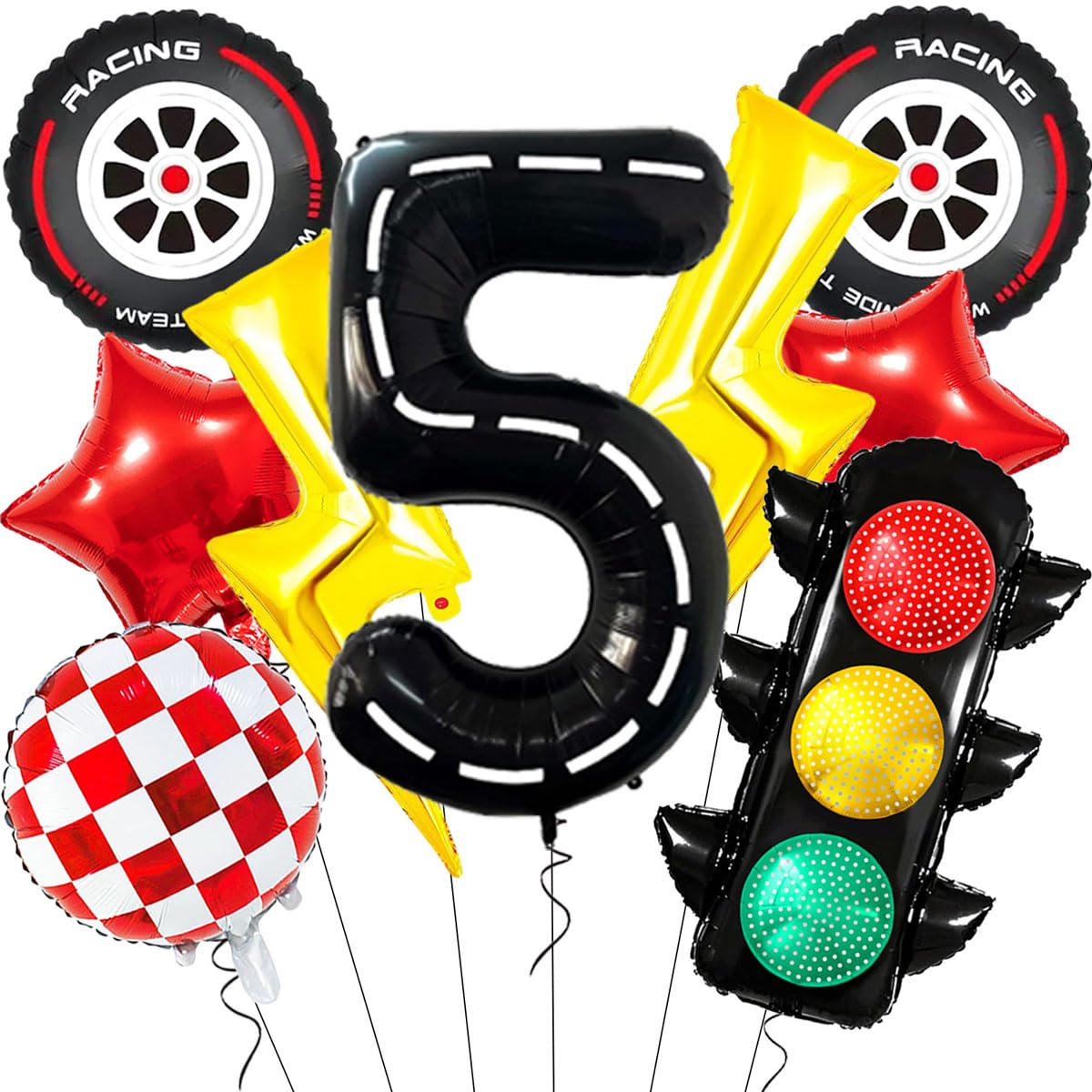 Race Car Balloons Set - Lightning Bolt Balloon Tire Red and White Checkered Traffic Light Foil Balloon 40Inch Racetrack Number 5 Balloons for Boys 5th Cars Themed Birthday Party Decorations