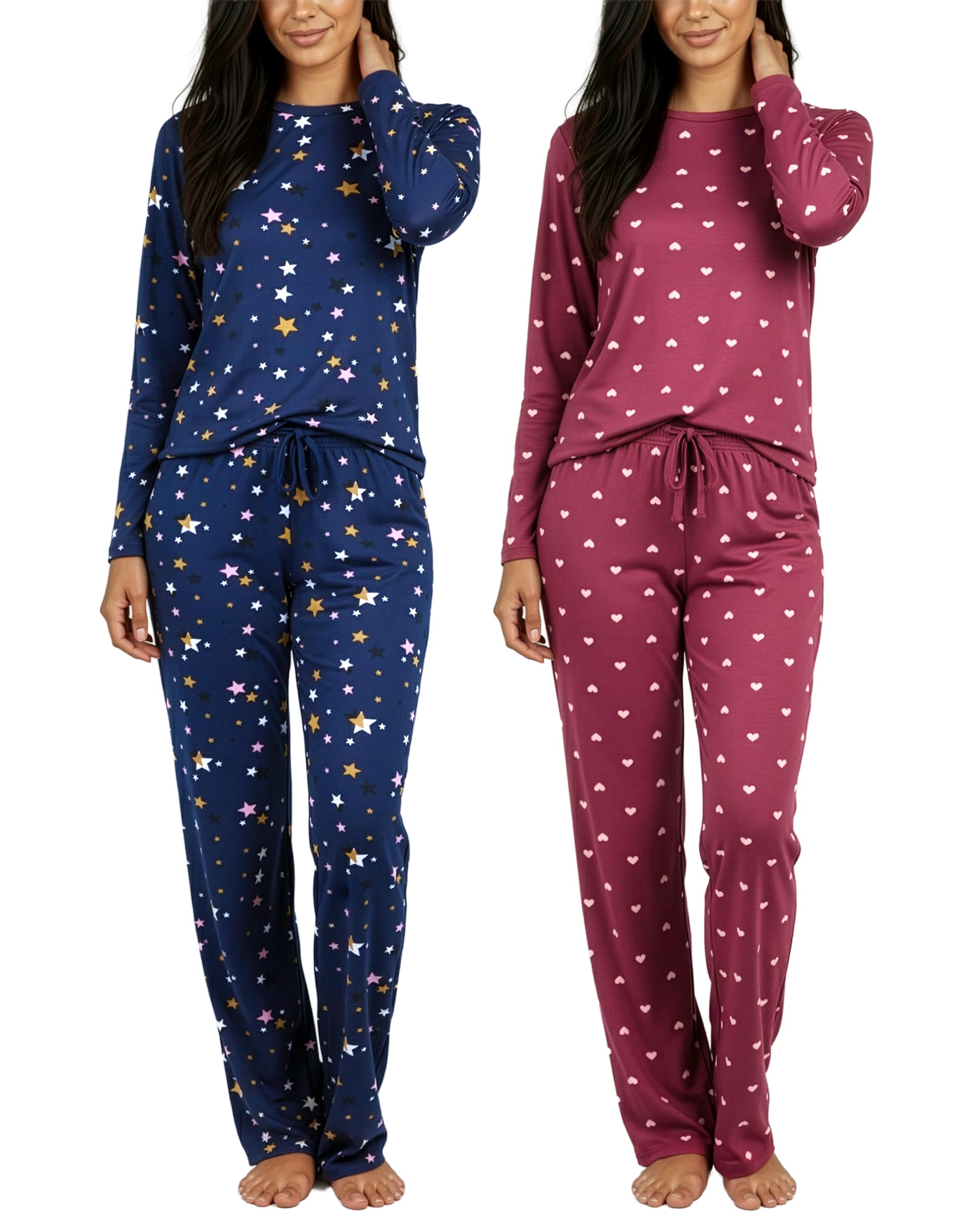 Real Essentials 2 Pack: Women's Comfy Pajama Sets - Short & Long Sleeve Ladies Loungewear Sleepwear PJs (Available In Plus)