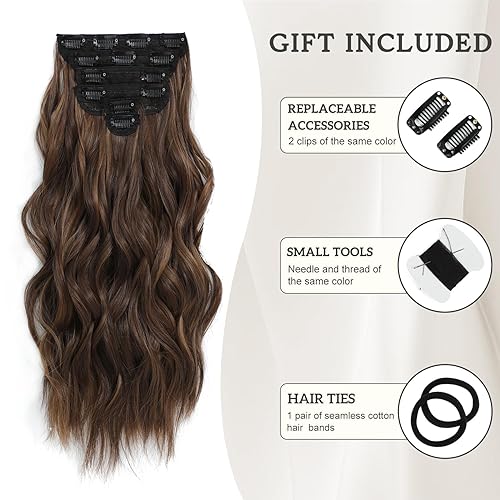 Miniatura 9 de Extensiones de cabello con clip de color marrón oscuro balayage con reflejos naturales y mezclas (16 pulgadas, 6 unidades, marrón chocolate y rubio