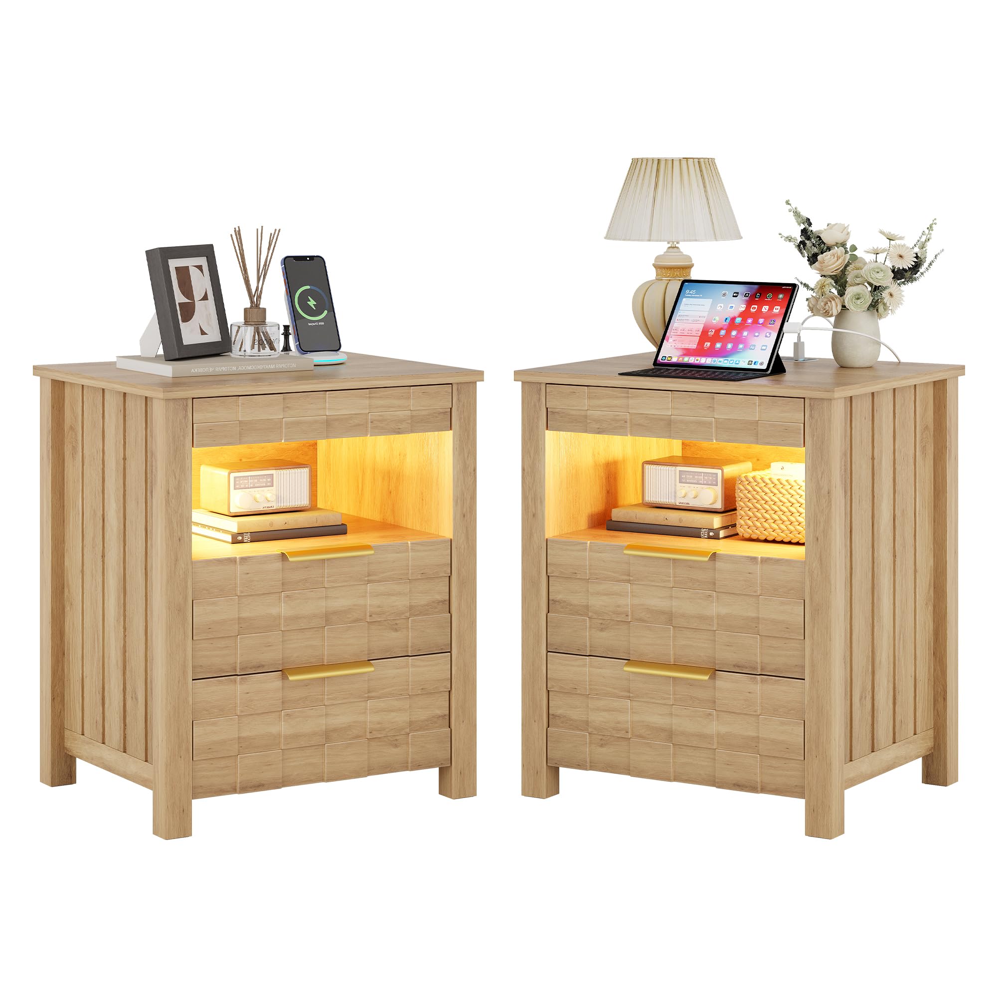 Dystler Night Stand Set of 2 with Charging Station - Bedside Table with Gun Drawer and 2 Drawers, Smart Side Table with 3-Color Human Sensor LED
