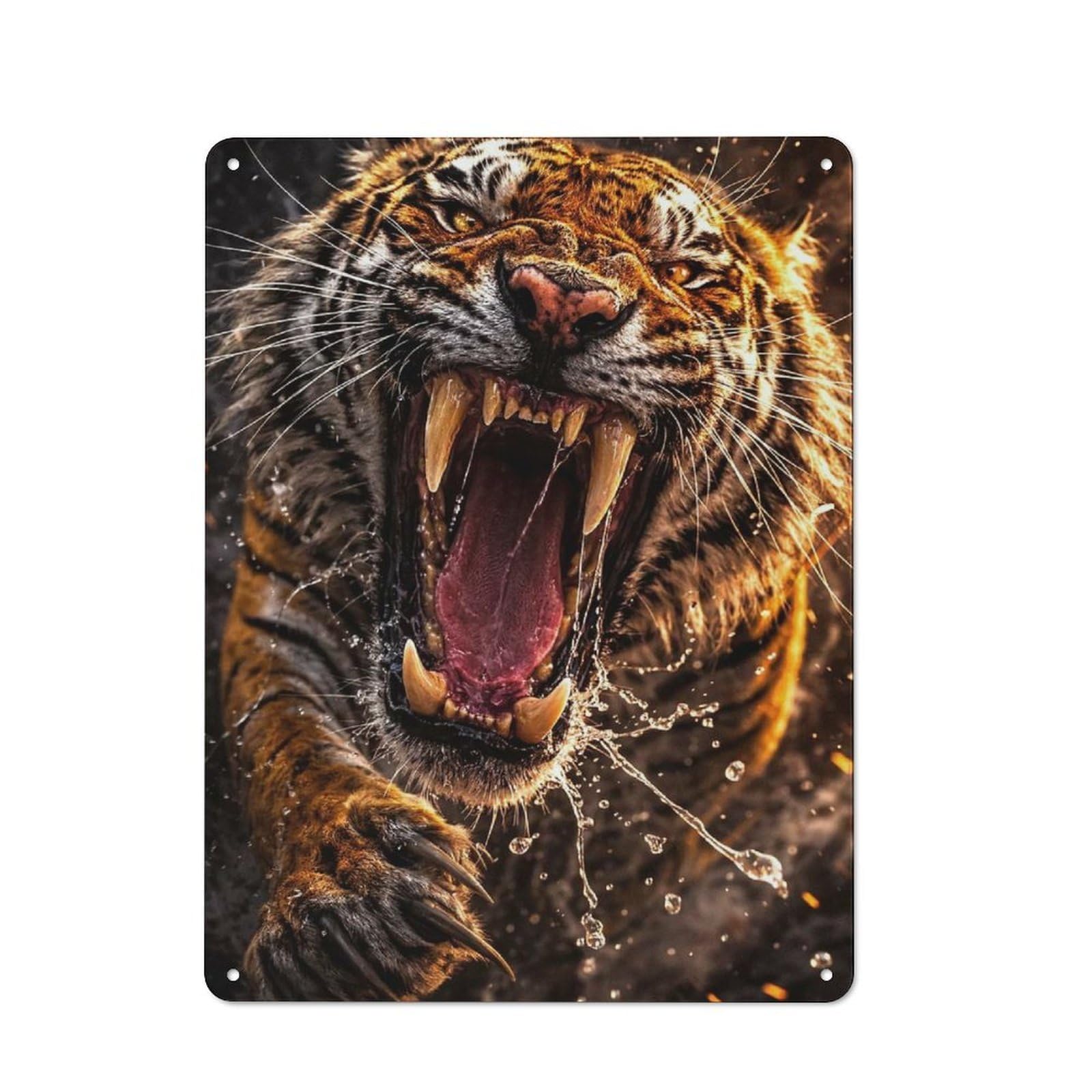 Fierce Tiger Roaring with Water Splashing Retro Metal Sign 40x30cm for Café Or Home Bar, for Home Interiors, Feature Walls And Decorative Displays