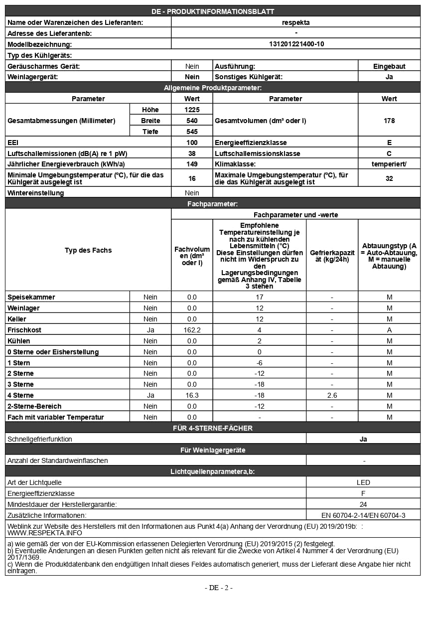 respekta Einbaukühlschrank mit 4 Sterne Gefrierfach 122 cm/178 L Nutzinhalt/Wechselbarer Türanschlag/Automatische Abschaltung des Kühlteils/Schnellgefrierfunktion / KS122.4-10/Max. 38 dB/in weiß