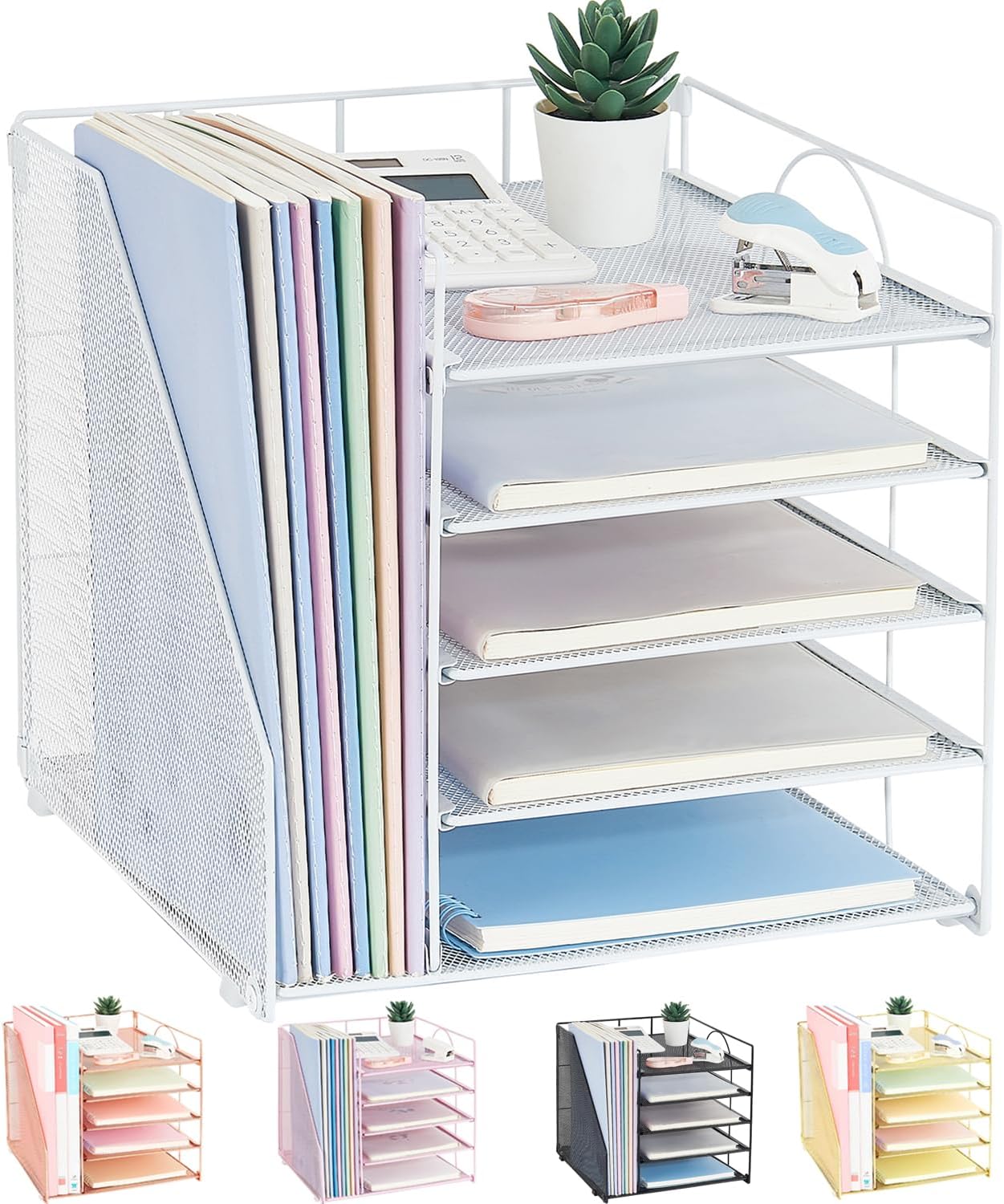 LEKETREE 5-Tier Paper Letter Tray Organizer with File Holder, Art Deco Desk Organizer, White