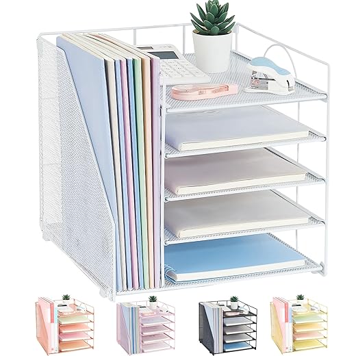 Desk Organizers and Accessories, 5-Tier Paper Letter Tray Organizer with File Holder, Desktop Organizer for Office Supplies, Office Desk Accessories & Workspace (White)