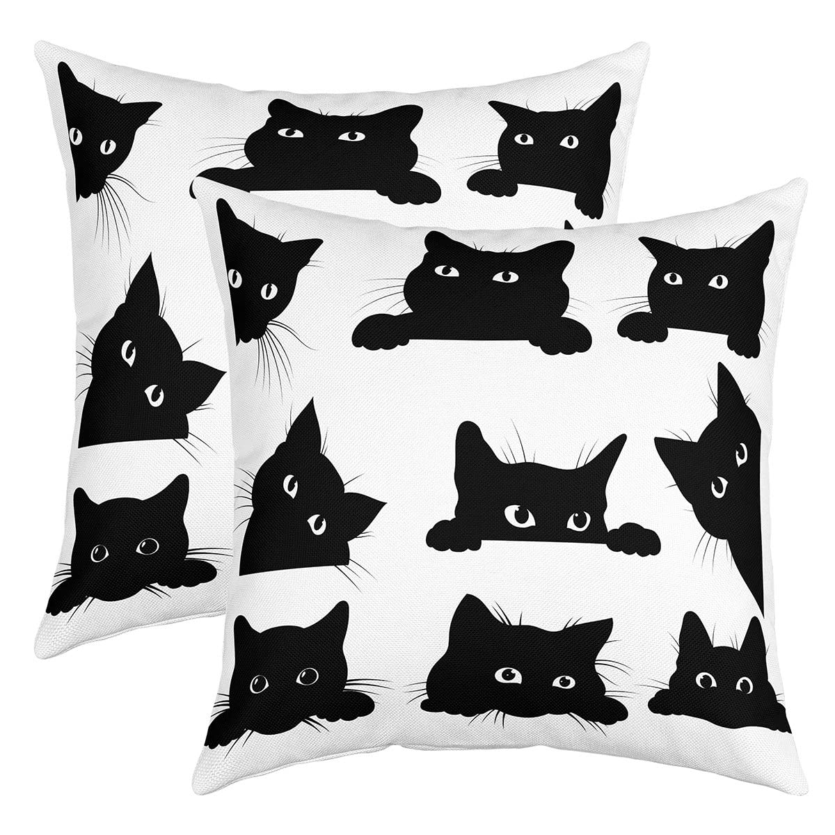Cartoon Cat - Set di 2 federe 40 x 40 cm, motivo: gatti con stampa a forma di gatto, per divano, simpatici animali, colore: nero e bianco, motivo: gatto, amanti, idea regalo, decorazione per cuscino
