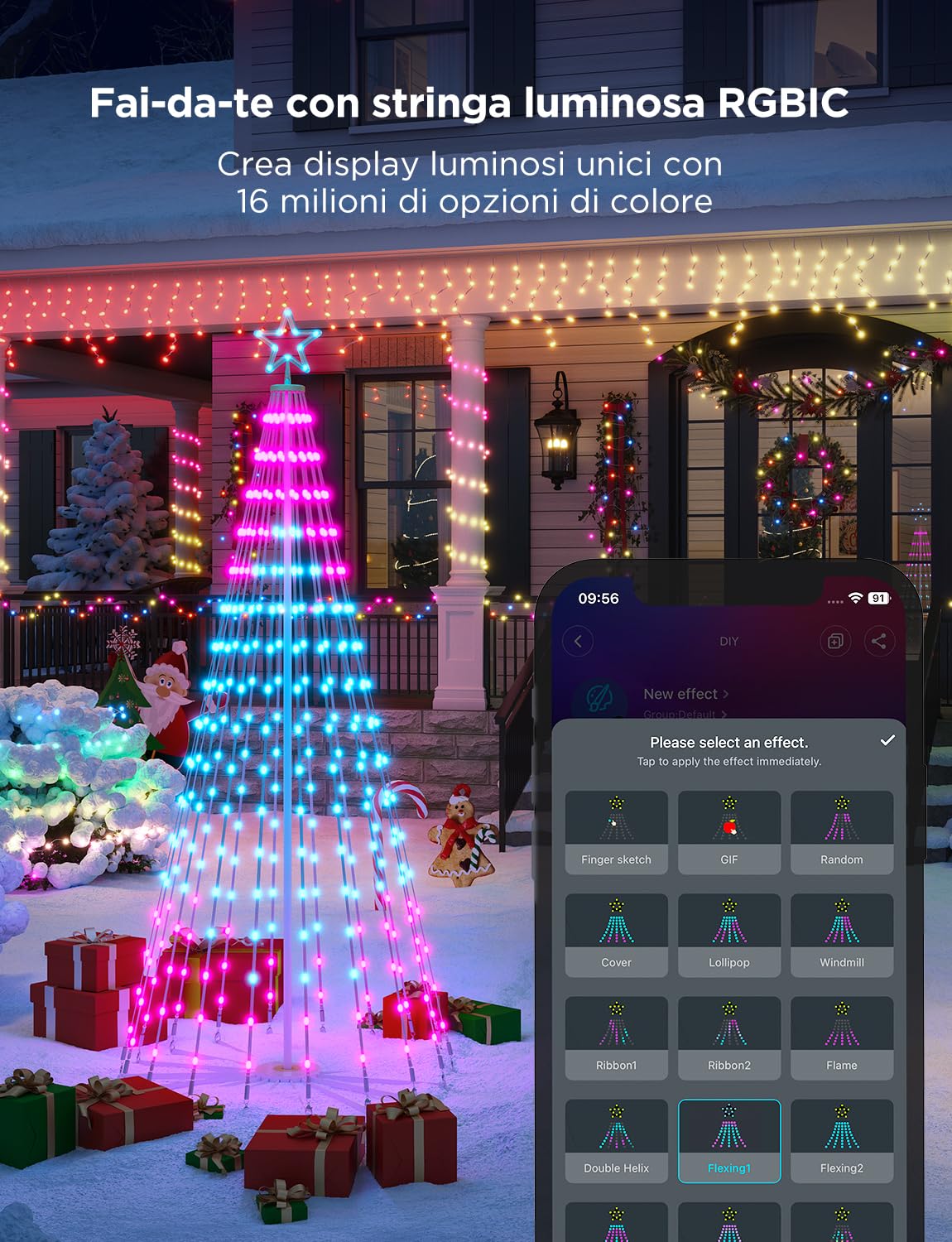 Govee Christmas Cone Tree Lights, 1,82 m 316 LED Luci a Catena RGBIC con Controllo Tramite APP Intelligente, 82+ Modalità Scena, Impermeabili IP67 per Halloween e Natale, Modalità Musica, Nero