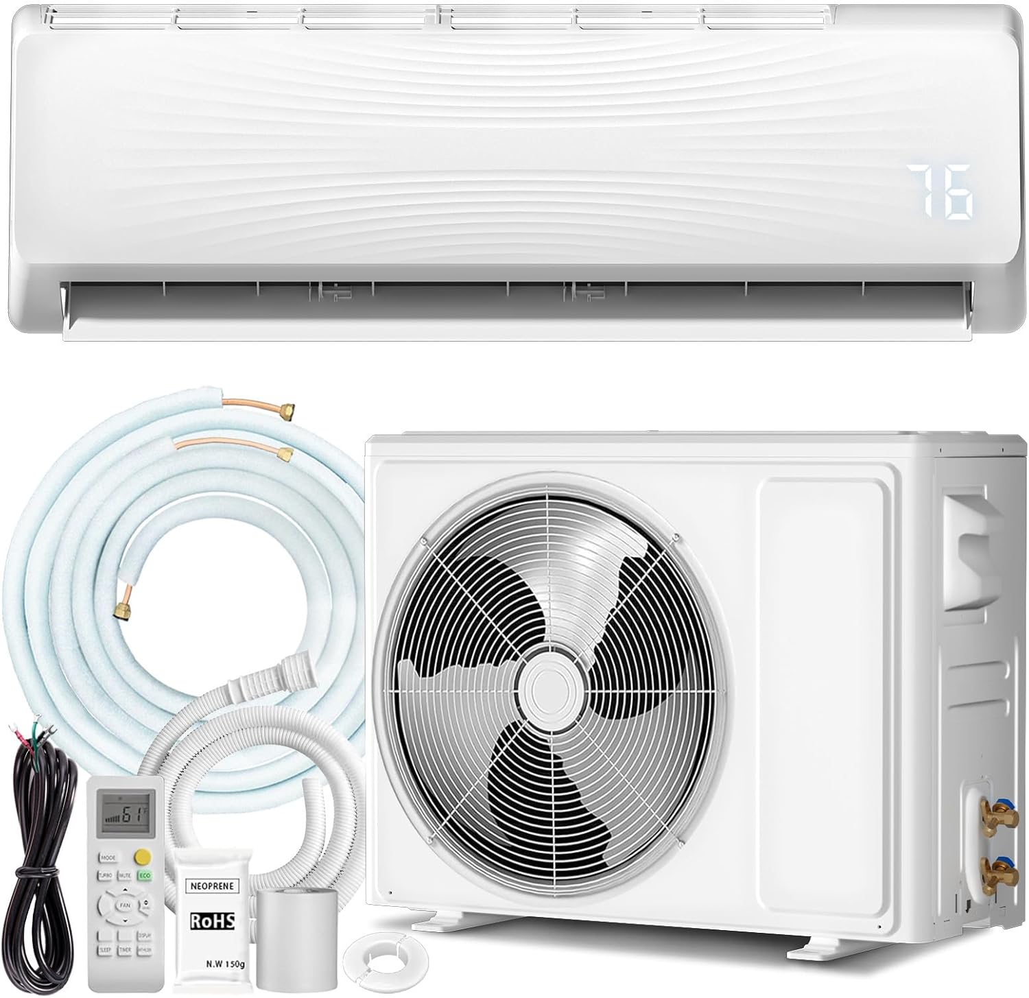 18000 BTU Mini Split AC/Heating System with Inverter, 19 SEER2 230V Energy Efficient Ductless Wall-Mounted Air Conditioner Unit Cools Rooms up to 750 Sq. Ft with Heat Pump & Installation Kits