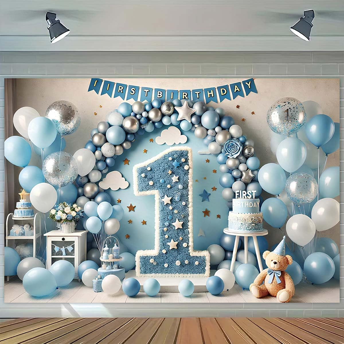 Pancarta de feliz primer cumpleaños con globos de aire caliente para niños de un año de edad, pancartas de pastel para recién nacido, primer cumpleaños (B, 7 x 5 pies)
