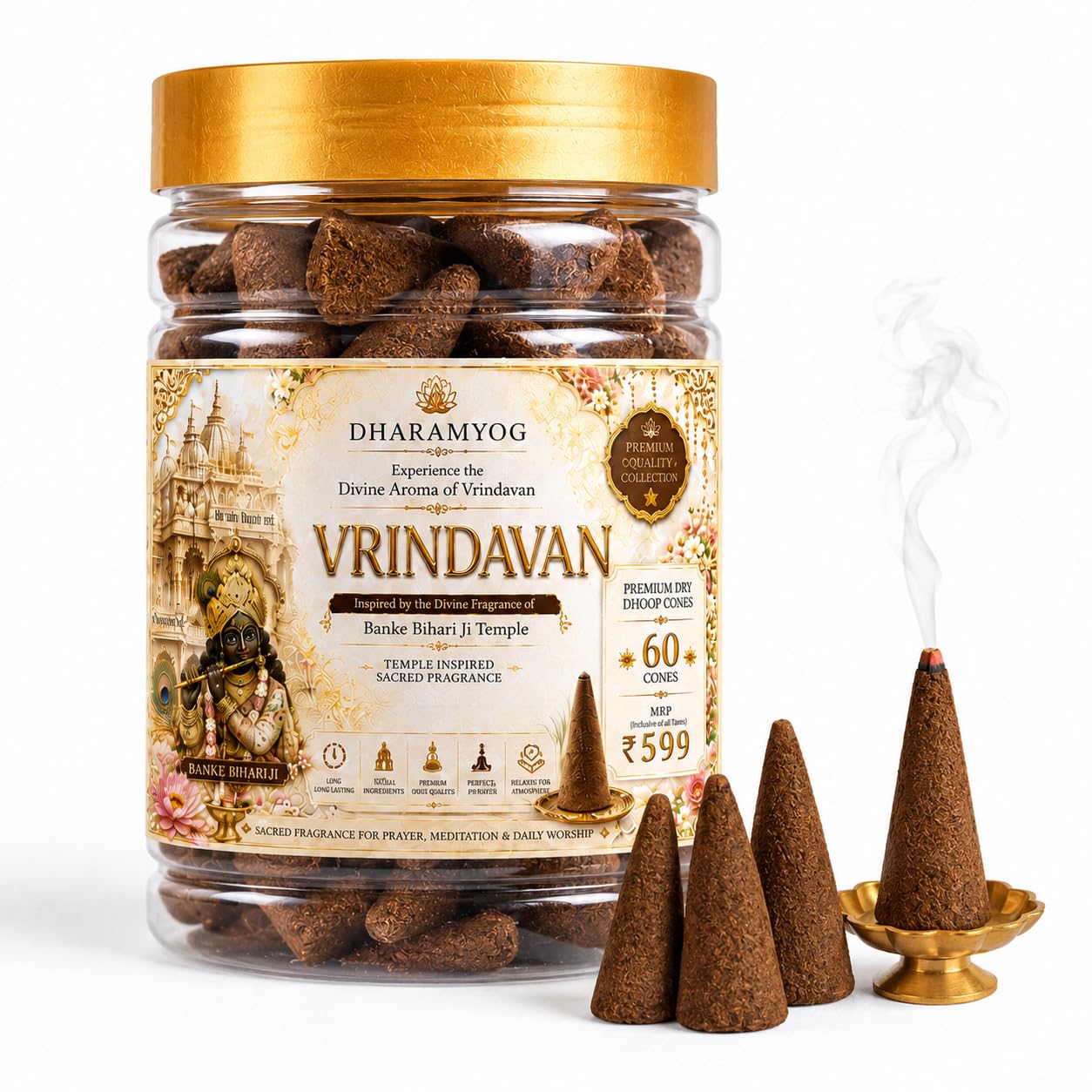 DHARAMYOG Vrindavan Dhoop Cones | 60 Premium Incense Cones (2 Inch) | Sacred Fragrance from Banke Bihari Ji Temple| Long Lasting Puja Dhoop for Meditation, Yoga & Home | Charcoal Free-picture-23