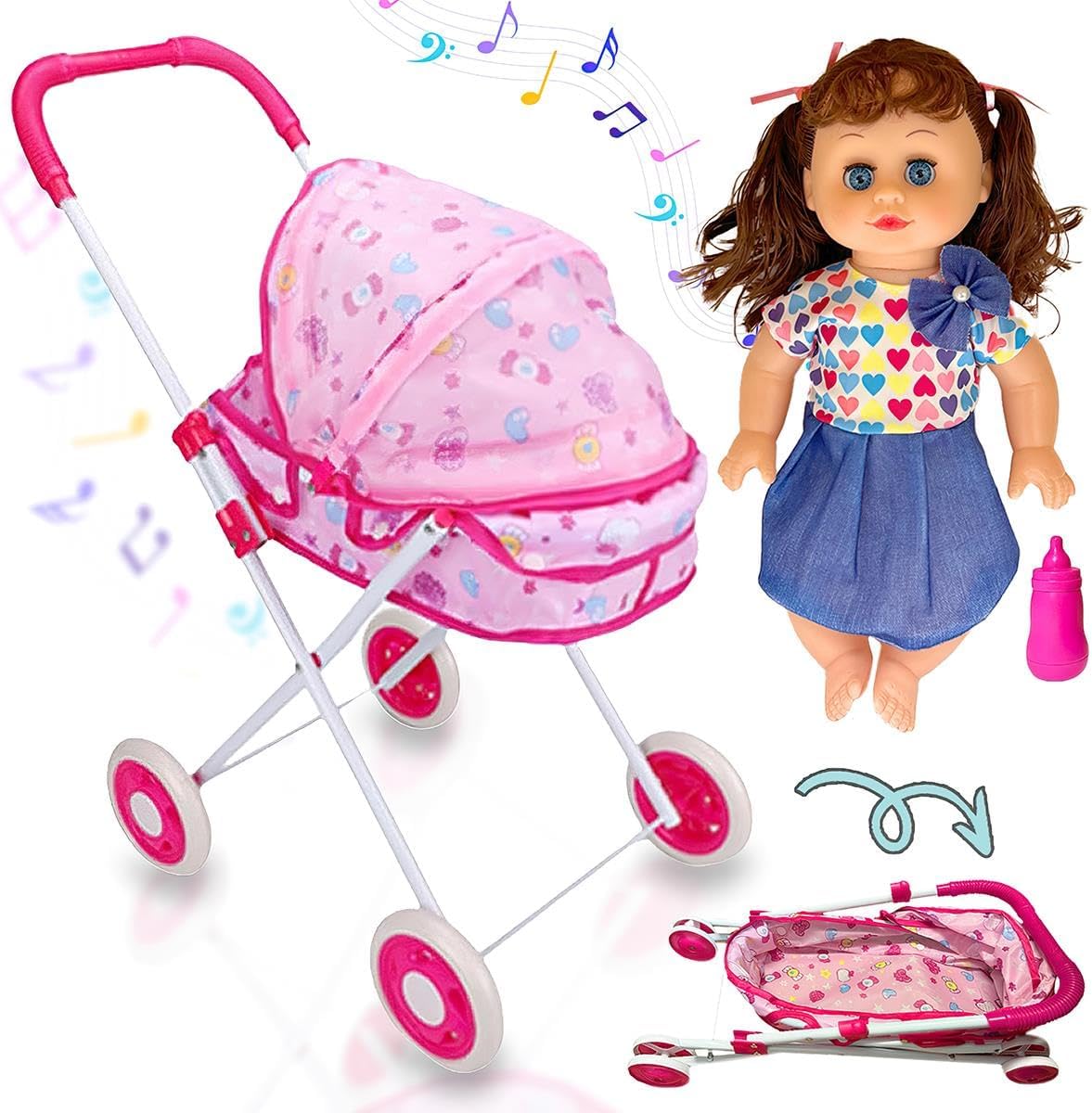 koolbitz 26pcs Doll Accessory Set for Girls โ Talking Doll, Pretend Play Hair Styling Kit, Brushes, Bottles, Carry Bag โ Pretend Play Baby Doll Care Kit for Kids