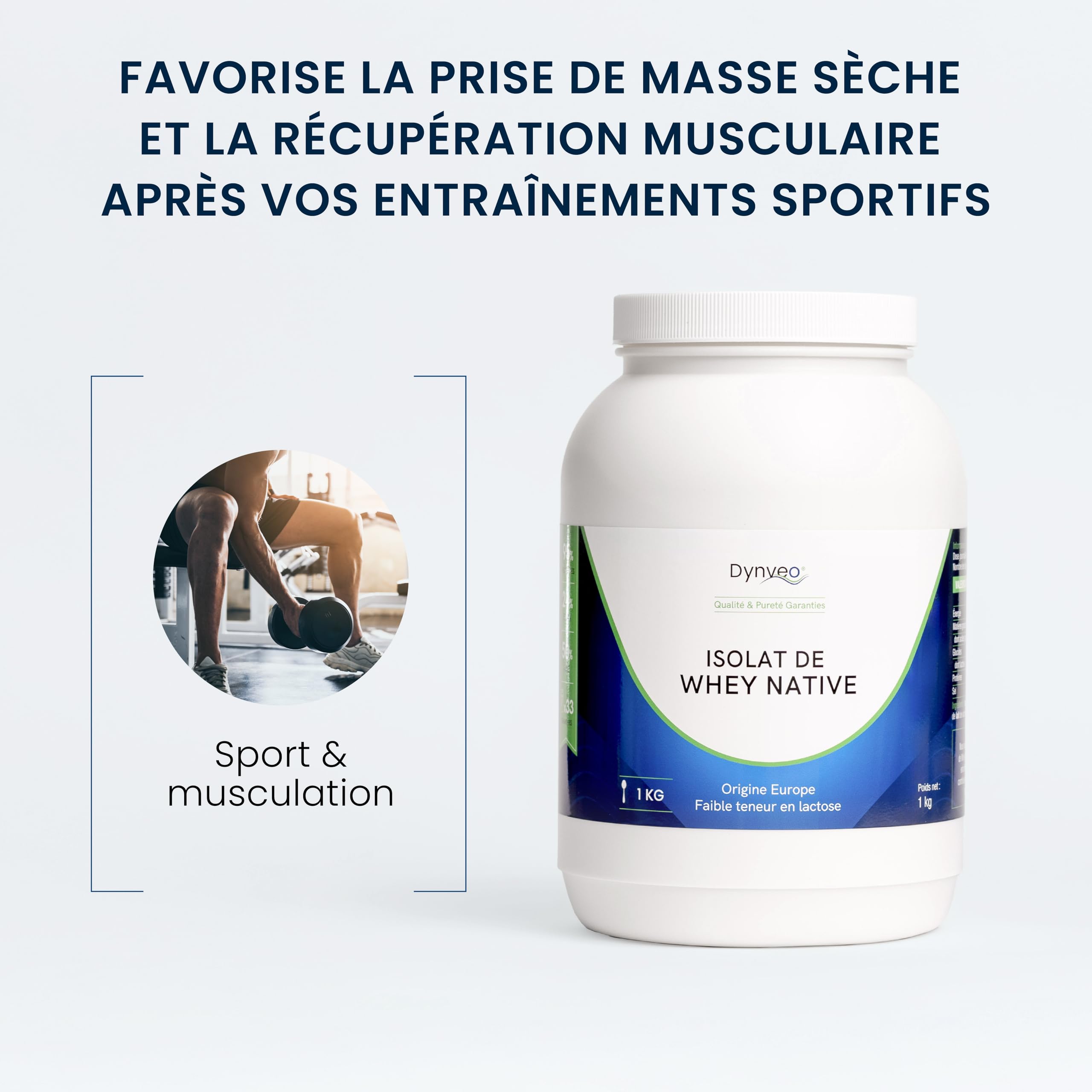 Whey Native Isolate en Poudre 1 kg - Prise de Masse, Sèche, Musculation - Riche en BCAA, Issue de Lait de Vache Frais - Whey Pure 95% en Protéines - Origine européenne, Dynveo