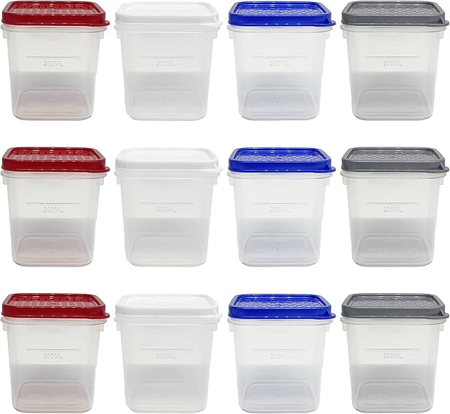 12 Pack Store Smart Square Stackable Plastic Food Storage Containers with Multicolour Lids 350ml (Opaque Lids)