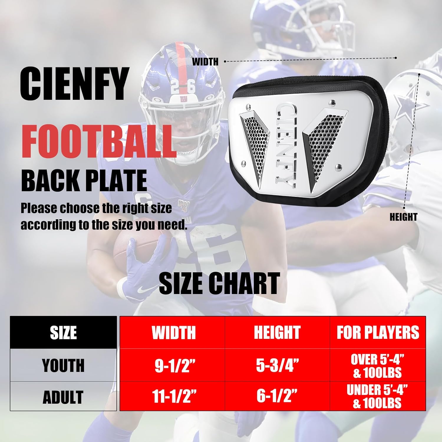 Cienfy Football Back Plate for High-Impact Protection, Universal Football Backplate for Shoulder Pads, for Youth and Adult