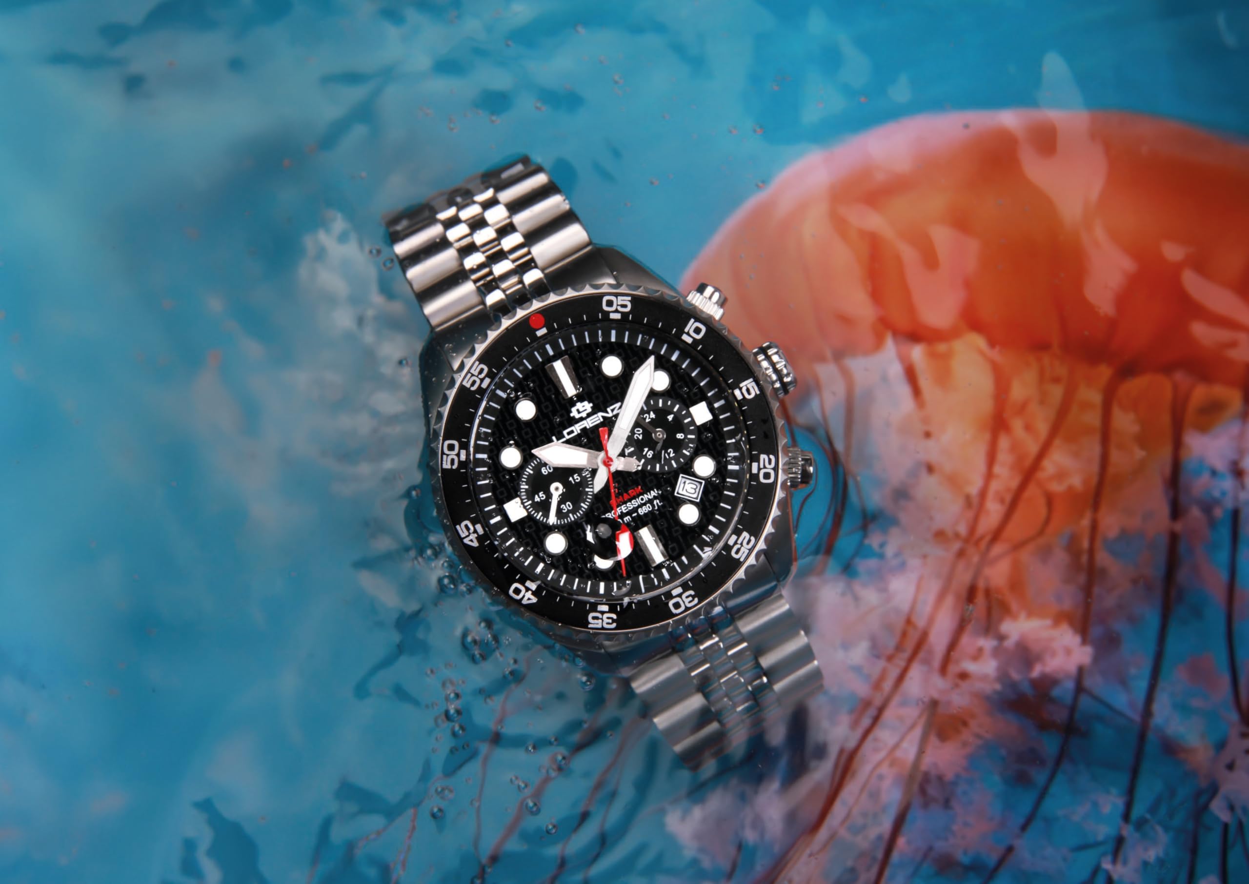 Lorenz Shark V Chrono 030285AA - Cronografo Sportivo da uomo - Orologio al quarzo con cinturino in Acciaio - Subacqueo Professionale Fino a 200 metri - Box con cinturino in gomma omaggio