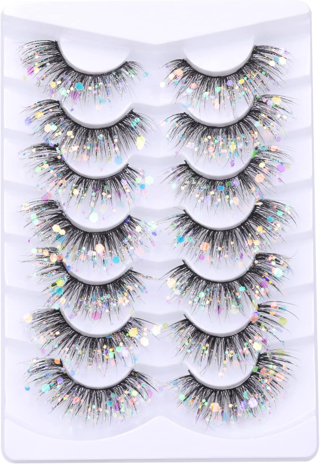 Glitter Lashes Dramatic False Eyelashes with Shinny Glitter Decorative Colored Lashes Glow in the Dark Faux Mink Eyelahses Cat Eye Strip Lashes Pack 7 Pairs