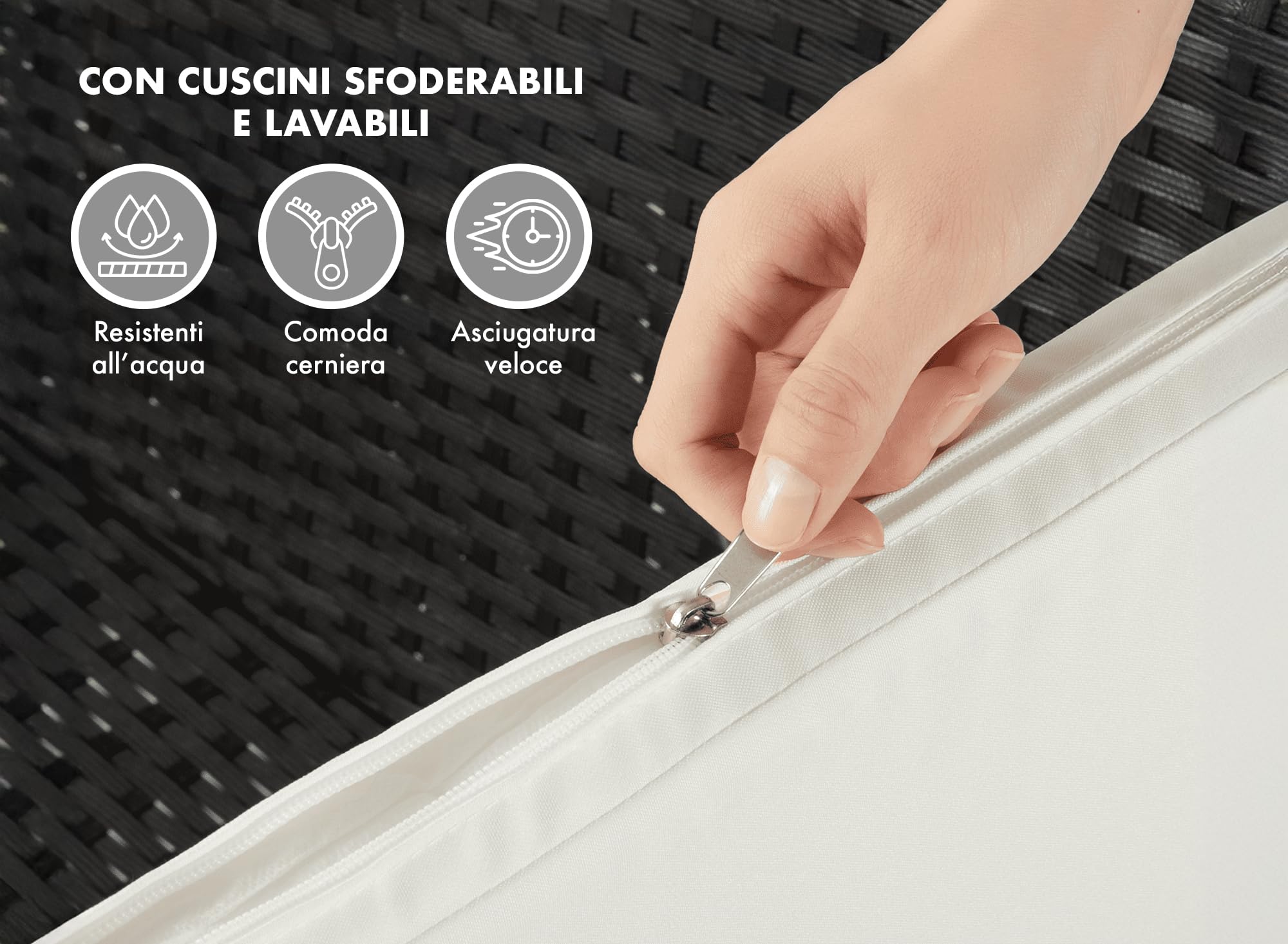 Salotto da Esterno in Rattan 4 Posti con Divano, 2 Poltrone e Tavolo in Vetro Temperato – Set Giardino Premium Waterproof con Cuscini Sfoderabili per Terrazzo e Patio - Salotto Relax Estivo (Rattan)