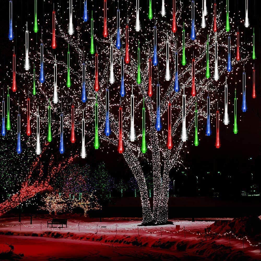 EOANT Meteor Schauer Regenlicht, Solar 360LED im Freien Weihnachten Regenlicht Schneeflocke Eis String Licht 10 Rohre 30cm Weihnachtsgarten Hochzeitsfeier Baum Balkondekoration (Multicolor)