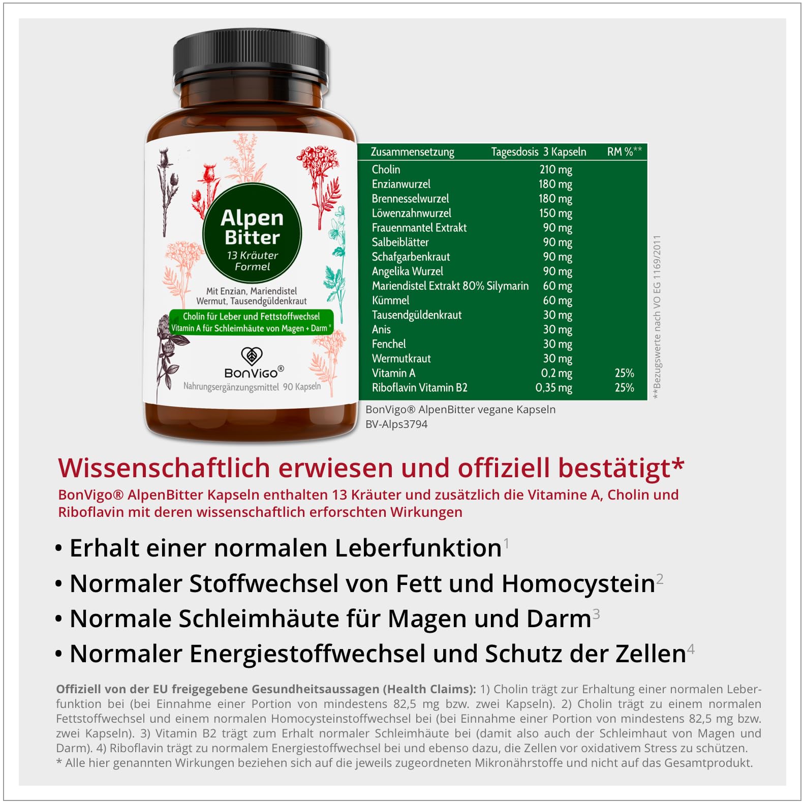 AlpenBitter – 13 Kräuter Bitterstoff Formel mit Mariendistel, Enzian, Wermut – Cholin unterstützt Leberfunktion & Fettstoffwechsel – Nach altem Klosterrezept – 180 Kapseln