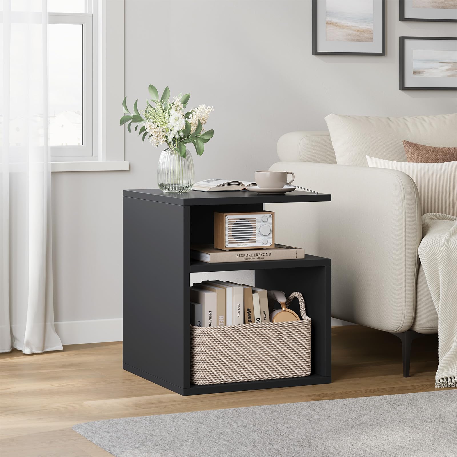 EUGAD Mesita de Noche Pequeña Negra con Compartimentos Abiertos, 35x35x41,5 cm, Mesilla Moderna para Dormitorio Pequeño, Cama y Sofá Salón, 0006CTG