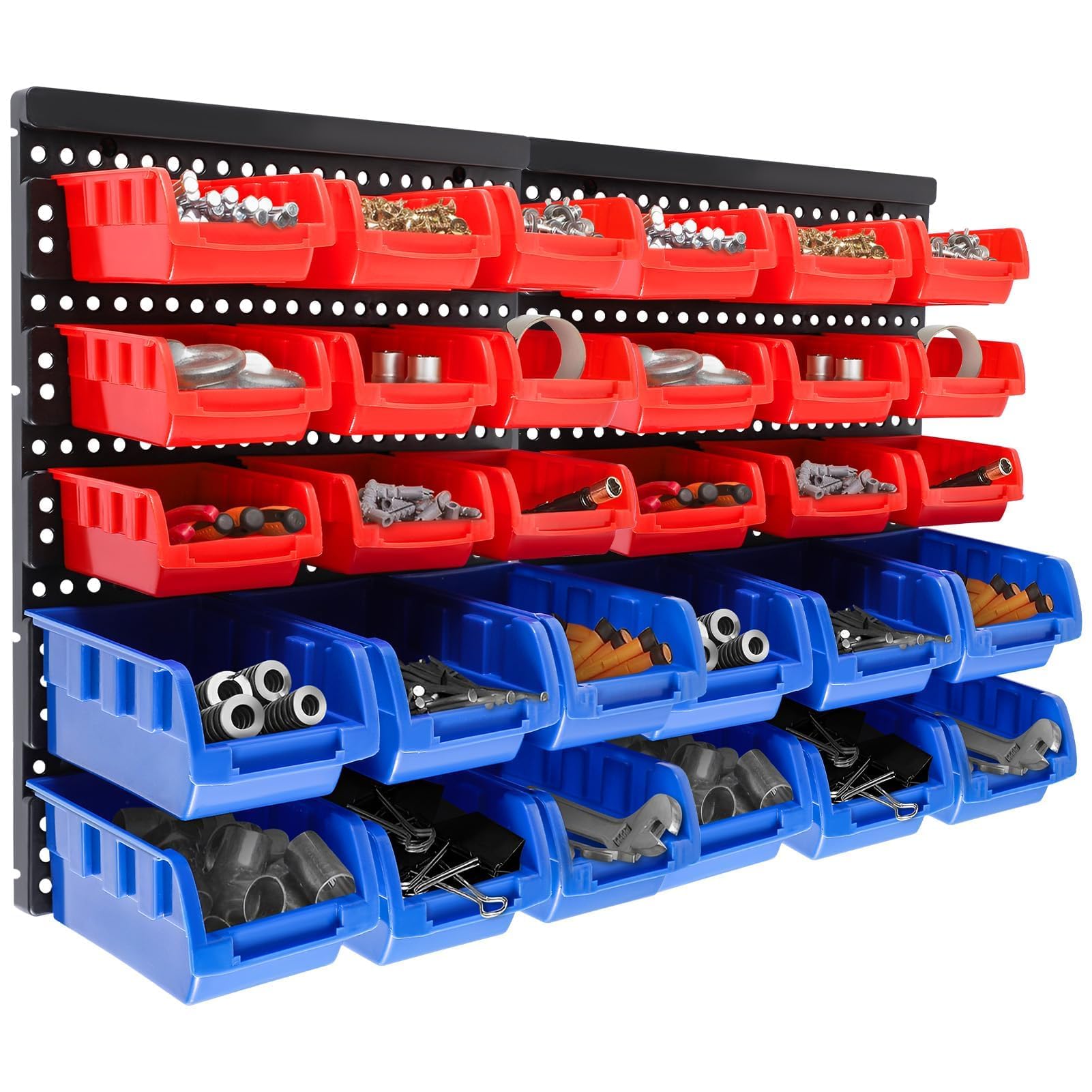 SUNNYNEST 32PCS Wall Mount Storage Organizer Set, 64×41cm Pegboard Panel with Bins & Hooks for Tools and Parts (Red+Blue)