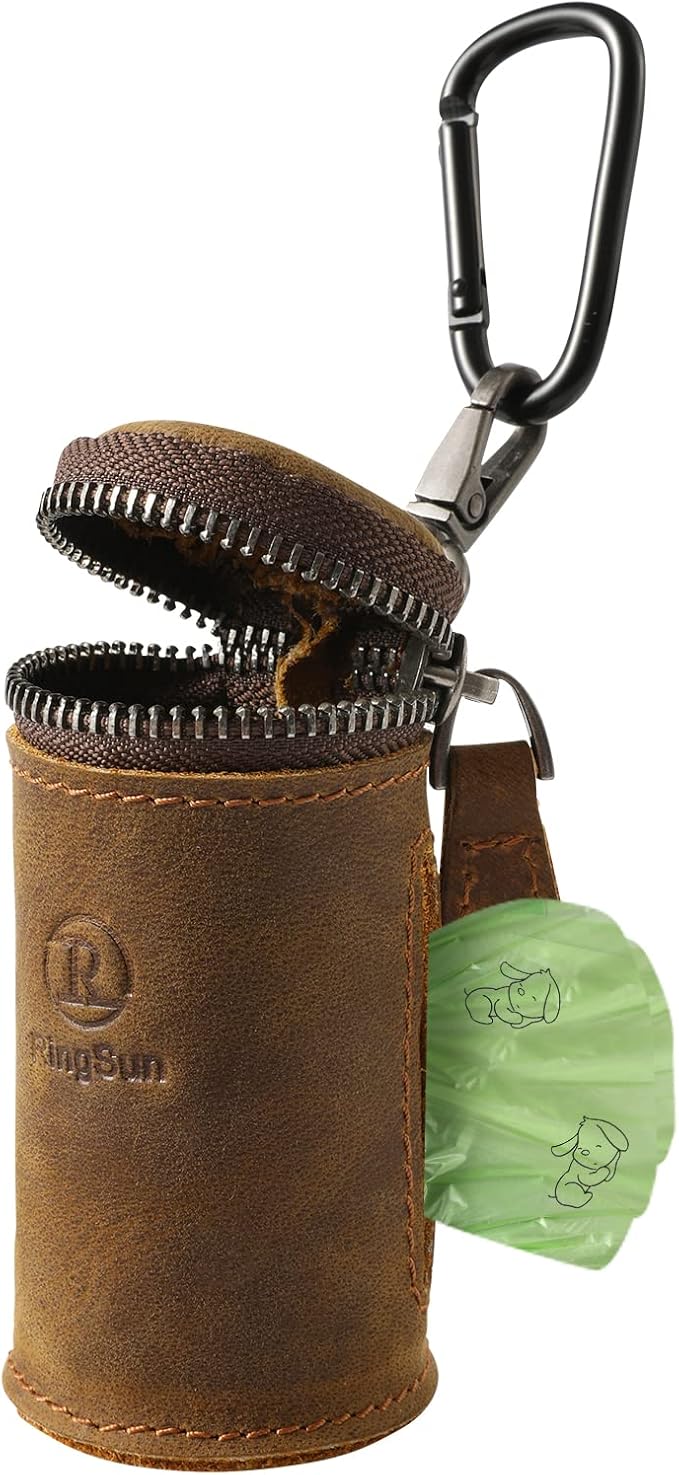 RingSun Leather Dog Poop Bag Holder for Leash Attachment