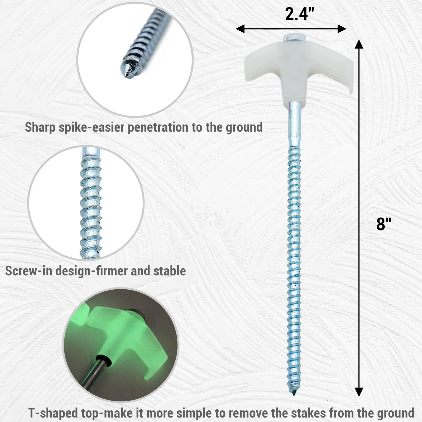 Zeltheringe zum Einschrauben, 20,3 cm, robuste Erdnägel, zum Einschrauben mit Sechskantkopf-Schraubendreher, Spikes-Abzieher, Schutz in einer Tragetasche, zum Wandern, Hängematten, leuchtet