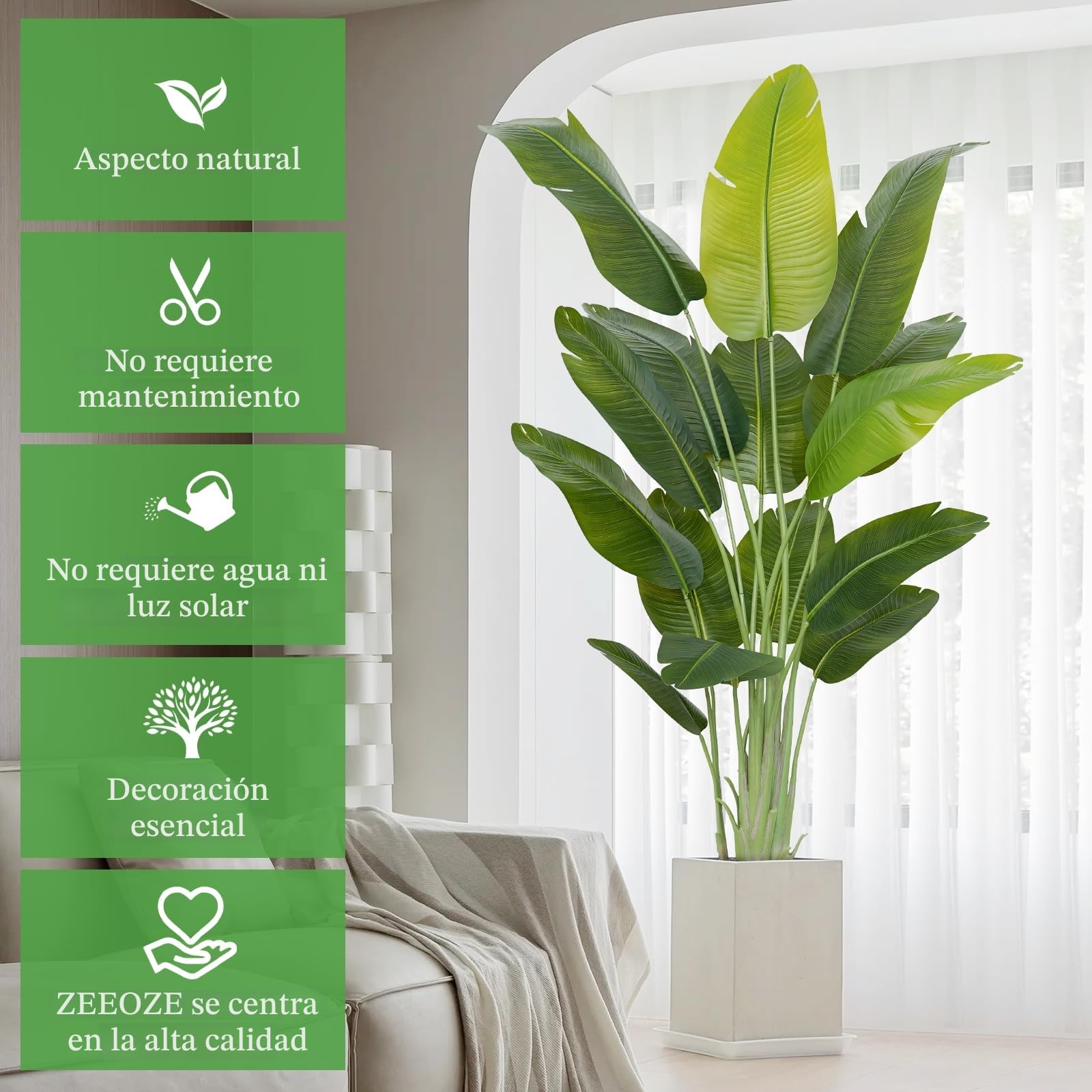 Planta Artificial Ave del Paraíso 200cm Plantas Artificiales Decorativas con 15 Hojas de Plátano,Planta Artificial Grande Interior con Maceta Blanca para Decoracion Hogar Salon Casa Room Decor