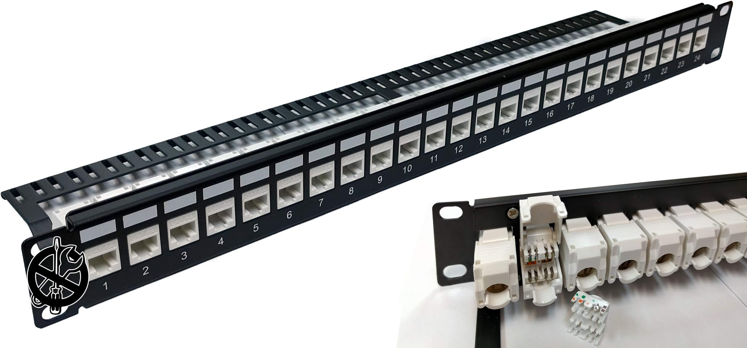Electriduct 24-Port CAT6A Unshielded 1U Patch Panel 19-Inch Loaded w/Tool-Less Keystone Jacks Rackmount or Wallmount