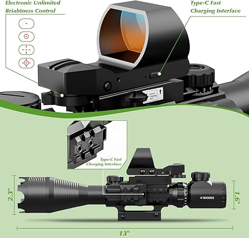 Vista 21 de 4-12/16x50EG Combo de alcance de rifle doble iluminado rojo/verde con láser verde/rojo 4 modelos retícula holográfica punto rojo para montaje en riel